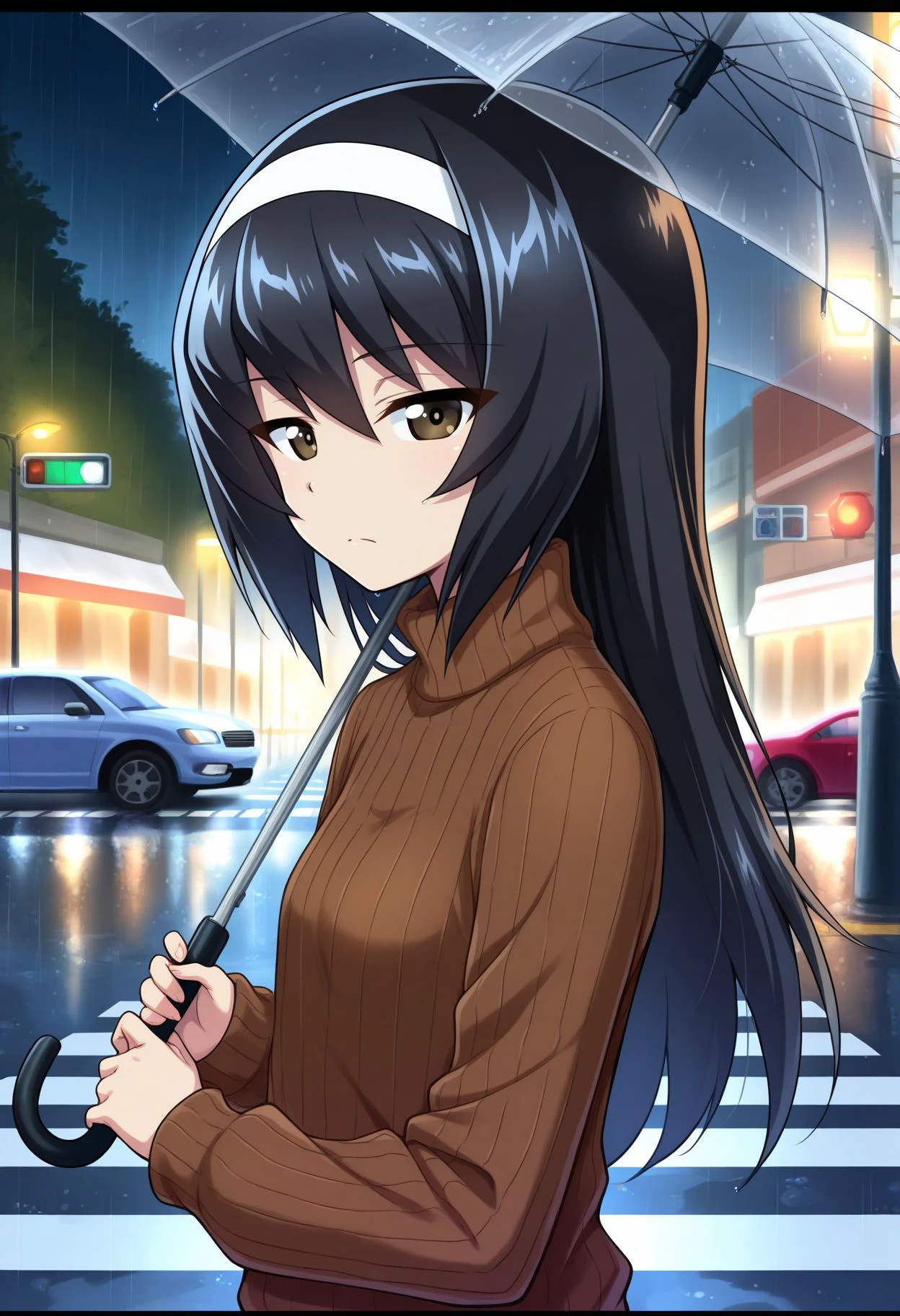 masterpiece, high score, great score, absurdres,  <lora:Reizei  illu:1>, Reize Mako, 1girl, long hair, rain, looking at viewer, black hair, reizei mako, brown eyes, from side, outdoors, bangs, transparent umbrella, letterboxed, holding umbrella, long sleeves, closed mouth, street, lamppost, upper body, standing, casual, white hairband, ribbed sweater, crosswalk, ground vehicle, traffic light, light frown, motor vehicle, brown sweater, road sign, looking to the side, night, reflection, turtleneck sweater, car