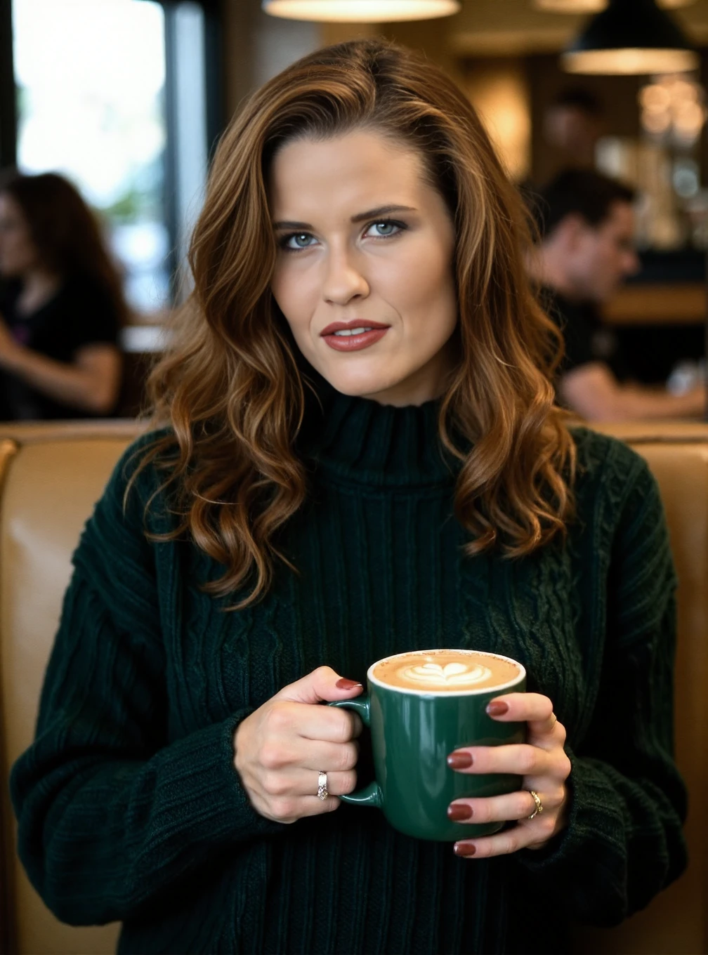 A professional photograph of Cathleen_Raymond wearing a dark green cableknit sweater in a cafe, holding a latte, auburn hair, detailed skin, bokeh, female focus, SFW <lora:Cathleen_Raymond_aka_Gabrielle_Scream:1>