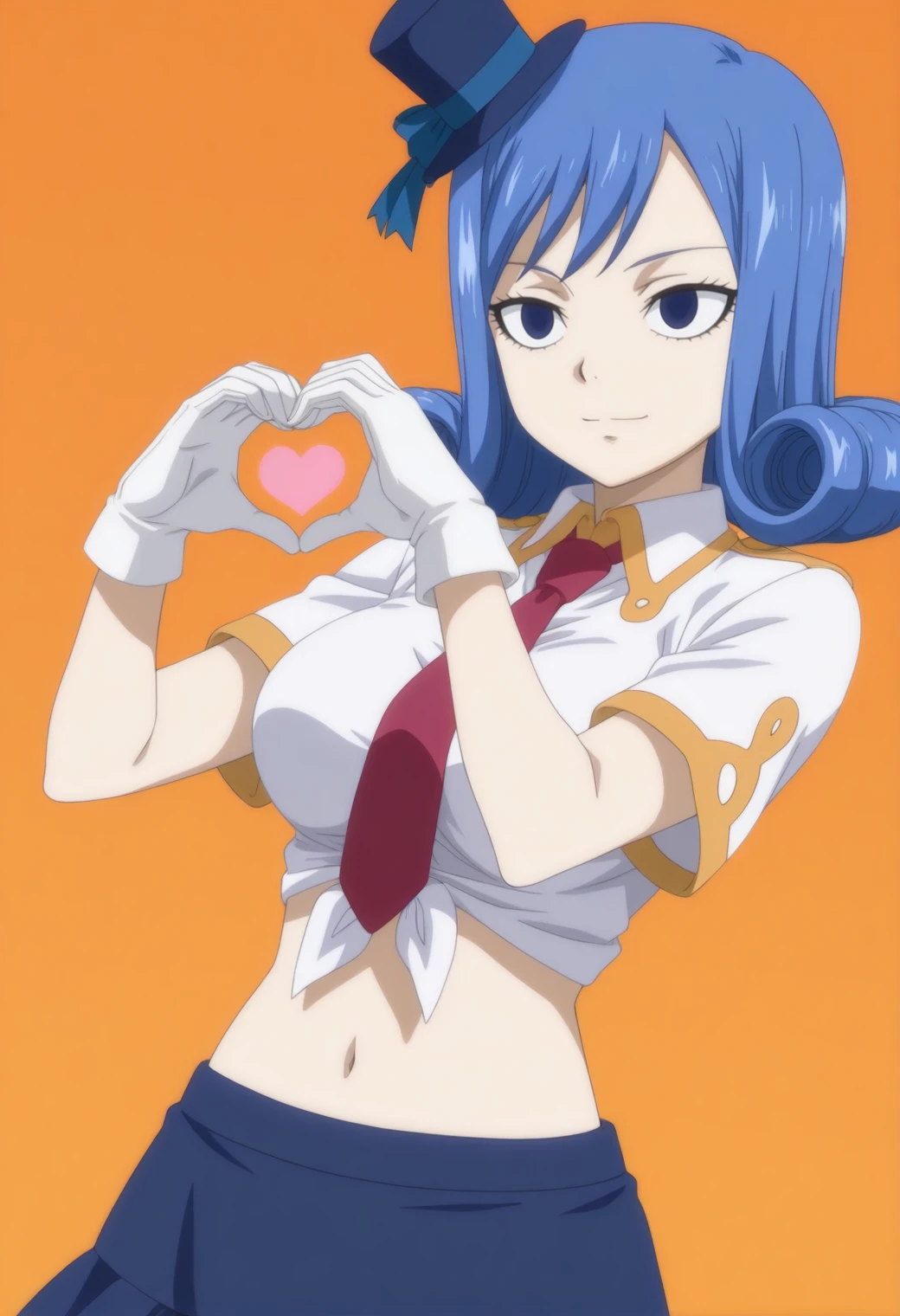 masterpiece, best quality, amazing quality, anime screencap, anime anime coloring,  solo, 1girl,  <lora:DX888JuviaIL2:1>edojuvia, blue hair, blue eyes, curly hair
mini hat, red necktie, tied shirt, white gloves, navel, uniform, mini skirt, pantyhose,,light smile,  BREAK pastel background, orange  background,, simple background, BREAK  chest stand handstand,, (dynamic pose:1.2),   upper body, heart hands,