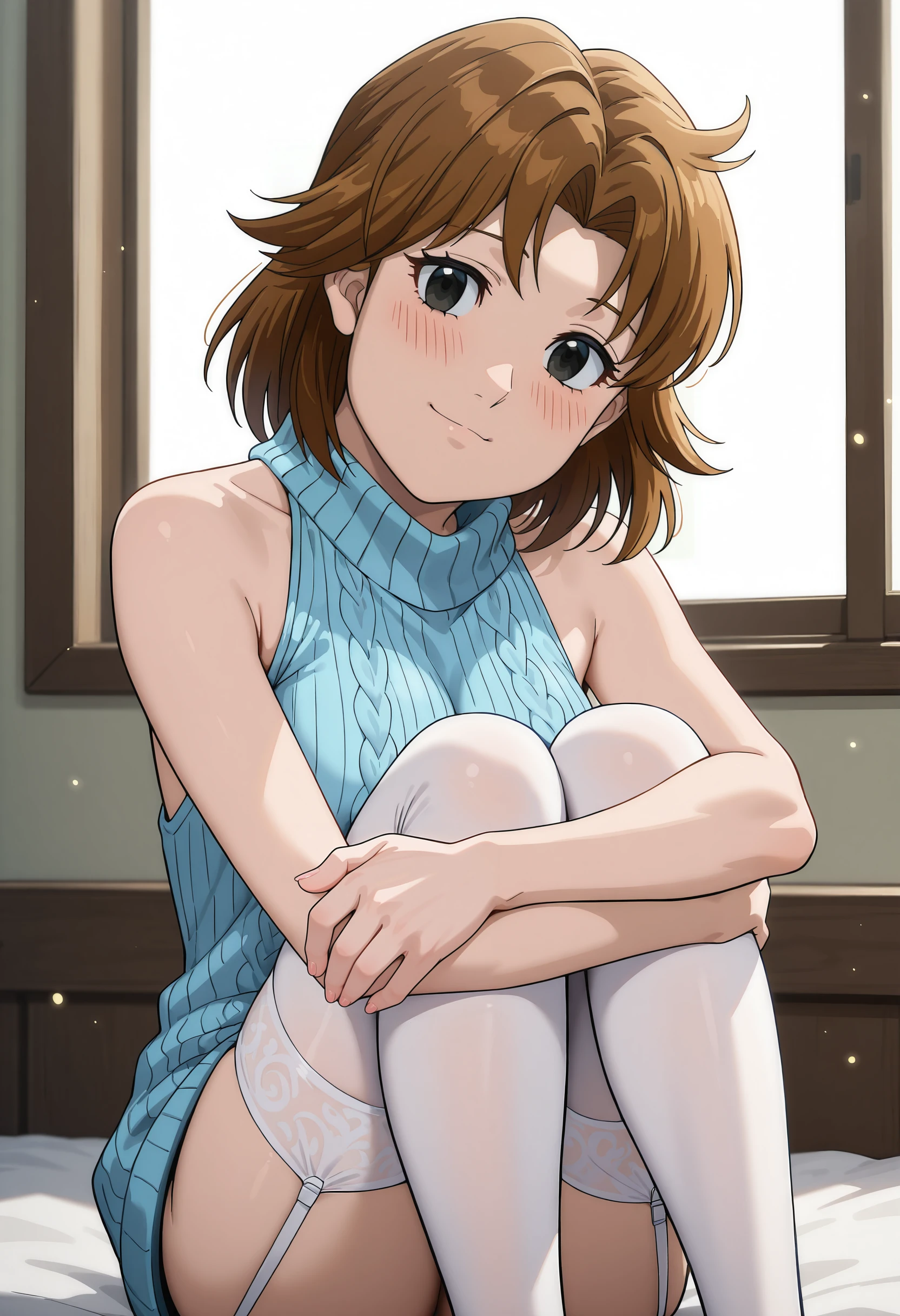 perfect quality, high quality, masterpiece, absolutely eye-catching BREAK
<lora:Hajime_no_Ippo_-_Nanako_Itagaki:1> ipponanako, brown hair, medium hair, curtained hair, black eyes, medium breasts BREAK
blue virgin killer sweater, white stockings, white garter belt, garter straps BREAK
inside, bedroom, bed, window, dappled sunlight, light particles BREAK
light smile, sitting, hugging own legs, head tilt, dutch angle