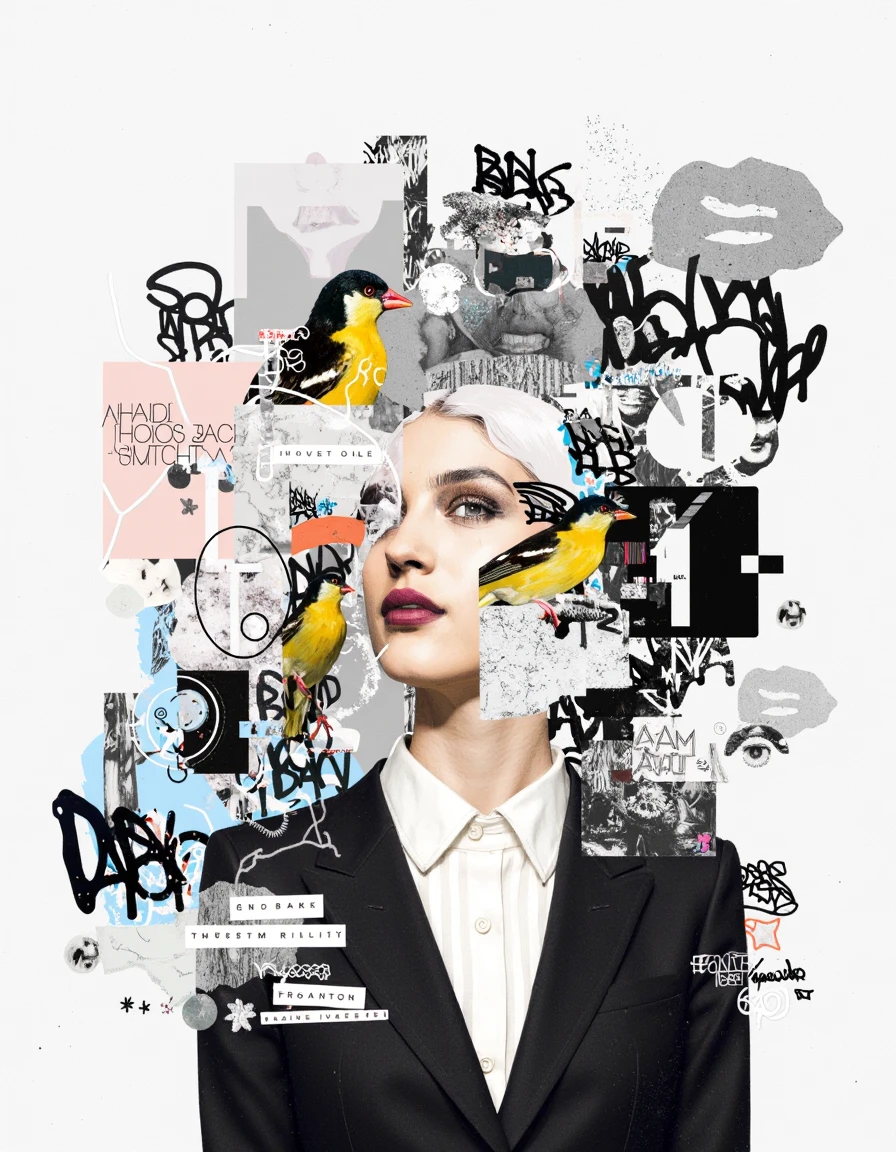 By Raphael Vicenzi. This image is a digitally created, collage-style artwork featuring a close-up of a woman's face and neck. The background is a chaotic mix of various textures and colors, including white, black, gray, and pastel hues such as light blue and pink. The woman's face is partially obscured by a collage of images, including a bird perched on her lips and various abstract shapes and patterns. Her skin tone is light, and her facial features are not fully visible due to the overlaying elements. She wears a black suit with a white collar, adding a sense of formality to the otherwise chaotic composition. The bird on her lips is a yellow and black bird with a red beak, adding a pop of color and a touch of whimsy. The abstract shapes and patterns around her face are intricate and varied, creating a sense of depth and texture. The overall style is modern and edgy, blending elements of pop art and surrealism. The image is rich with detail and contrasts, making it visually striking and thought-provoking. <lora:Raphael_Vicenzi:1.0>