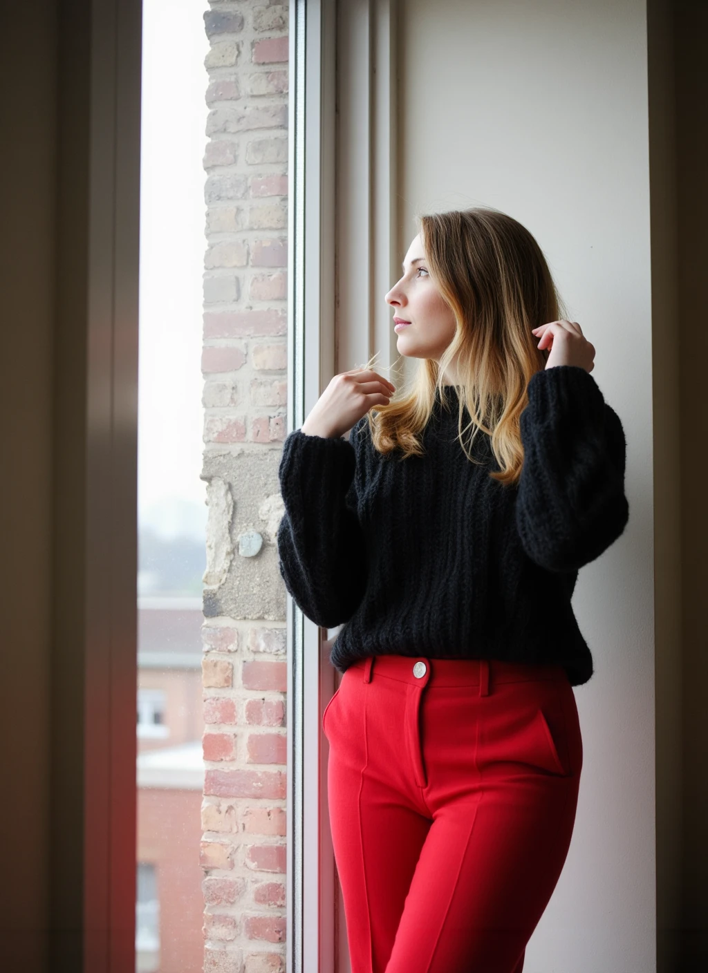 A softly lit indoor photograph of a woman standing by a large window, gazing thoughtfully outside while holding a strand of her hair. She is dressed in a textured black sweater and striking red high-waisted pants, creating a bold contrast that adds depth to the image. The natural light streaming through the window softly illuminates her face and outfit, enhancing the contemplative atmosphere. The muted tones of the background outside the window add a subtle, serene quality to the scene.