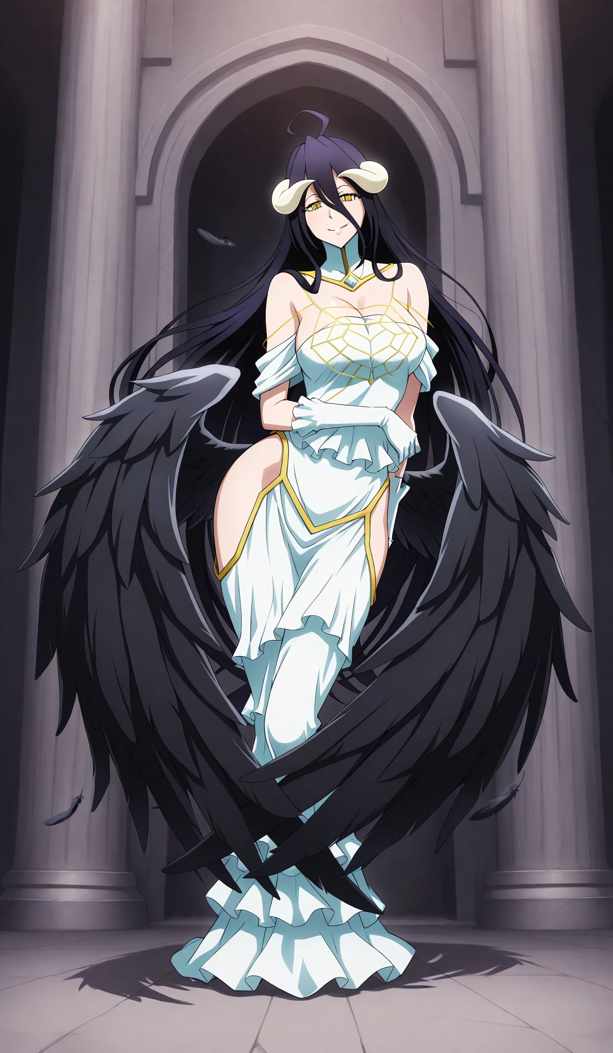albedo_overlord, defaultoutfit, 1girl, solo, long hair, wings, horns, gloves, black hair, yellow eyes, dress, black wings, white gloves, demon girl, large breasts, ahoge, white dress, demon horns, bare shoulders, looking at viewer, hip vent, low wings, very long hair, feathered wings, feathers, dark alleyway background, seductive smile, full body<lora:Albedo-IllustriousXL:1>, (masterpiece),(best quality),(ultra-detailed),(best illustration),(best shadow),(absurdres),(detailed background),(very aesthetic),