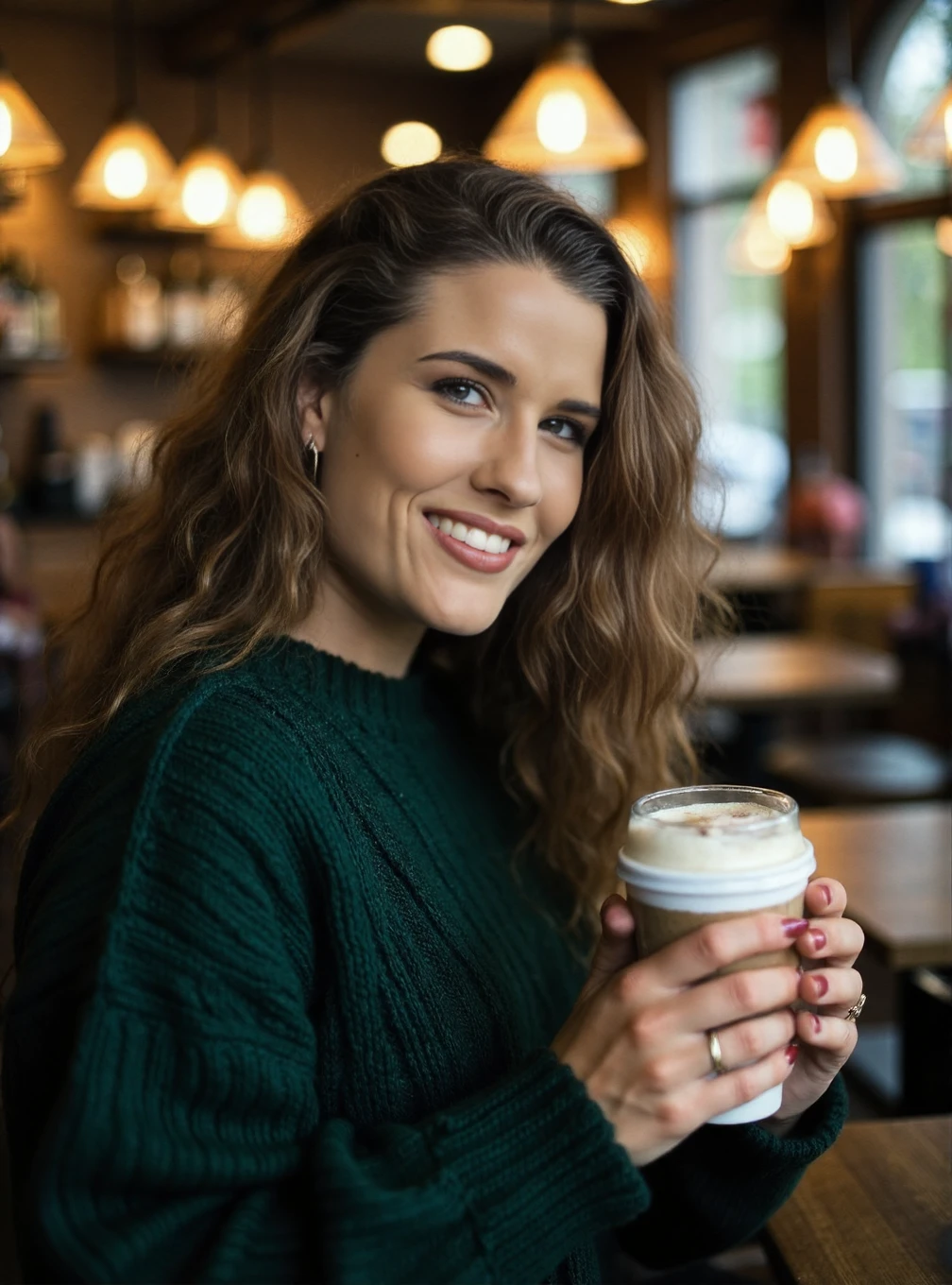 A professional photograph of Cathleen_Raymond wearing a dark green cableknit sweater in a cafe, holding a latte, detailed skin, bokeh, female focus, SFW, smiling <lora:Cathleen_Raymond_aka_Gabrielle_Scream:1>