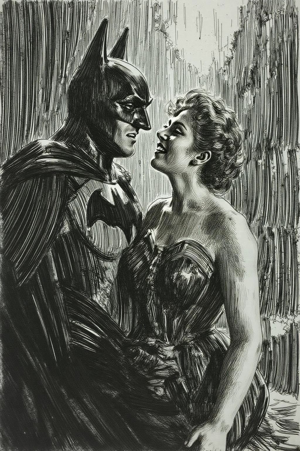 anzo1 black and white etching.
 Batman and Wonder Woman kissing in the rain <lora:anzo1_nocap_d6a3:1.0><lora:815144652299705295:0>