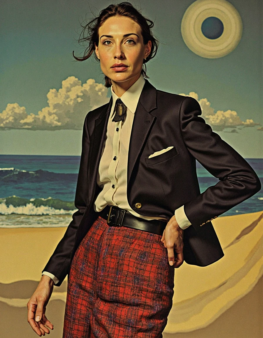 high fashion photo of ClaireForlani,
trapped in a painting by Salvador Dali,
extremely detailed,