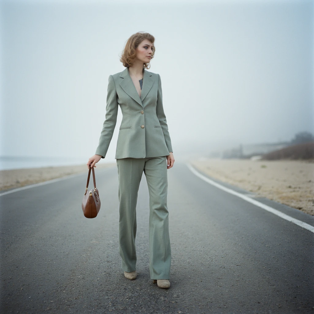 portrait of haute couture woman standing on a foggy pavement while holding her purse, in the style of yigal ozeri, video, beach portraits, kaethe butcher, close up, michael malm, soft hues