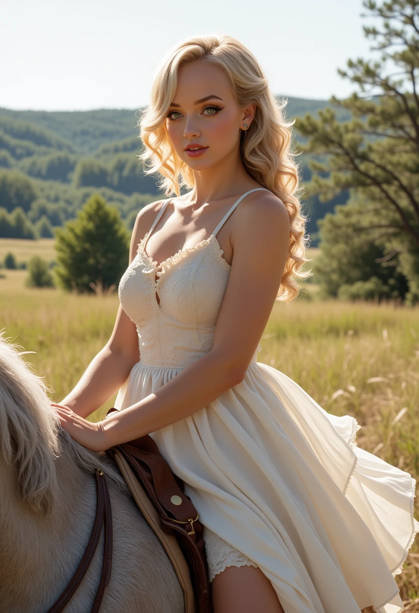 full body view, She is approximately 18 years old. Hyperrealism, she is looking at the camera, (dynamic angles), profile headshots of a beautiful, stunning unique female character. she has blonde hair. her eyes are filled with joy and excitement, extravagant eyelashes. a photo of S0phi@V2, she is wearing a white frilly dress that comes down to her knees. The woman is posing confidently. a plantation house from the movie gone with the wind in the background. She has a slight smile on her face and is looking directly at the camera. making this image a masterpiece of photography and digital art. realistic. rendering, 32k UHD, expressive eyes, punk, graphic design, girl's face, pretty and cute, gleaming lips, telling a tale of adventure. Exuding confidence and serenity. The overall mood of the image is happy and relaxed,detailed skin texture,(blush:0.2),(goosebumps:0.3),subsurface scattering,whimsical,Detailed hand, Perfect hand. Perfection style. is posing on a grey horse. she is wearing brown leather boots. The photo is taken in a full body shot, focusing on S0phi@V2 and her horse.