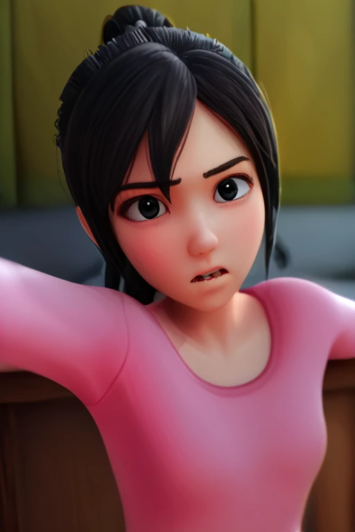indoor, 1girl, solo, , <lora:Kak_Ros_UpinIpin:2.2> kak_ros, black hair, black eyes, ponytail, (ager:1.1), pink shirt, long sleeve, (angry:0.2), looking at viewer