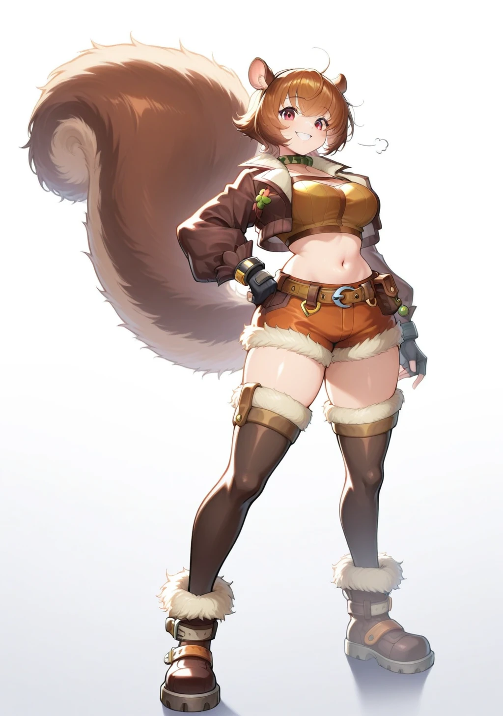 score_9, score_8_up, score_7_up, score_6_up, score_5_up, score_4_up, masterpiece, high quality, BREAK, full body, BREAK, 1girl, <lora:NOOB_vp1_detailer_by_volnovik_v1:0.8> , <lora:Squirrel_Girl_Marvel_Rivals_Illustrious:0.8> squirrel girl, squirrel tail, squirrel ears, brown hair, brown jacket, animal ears, black stockings, brown boots, fur boots, brown top, crop top,