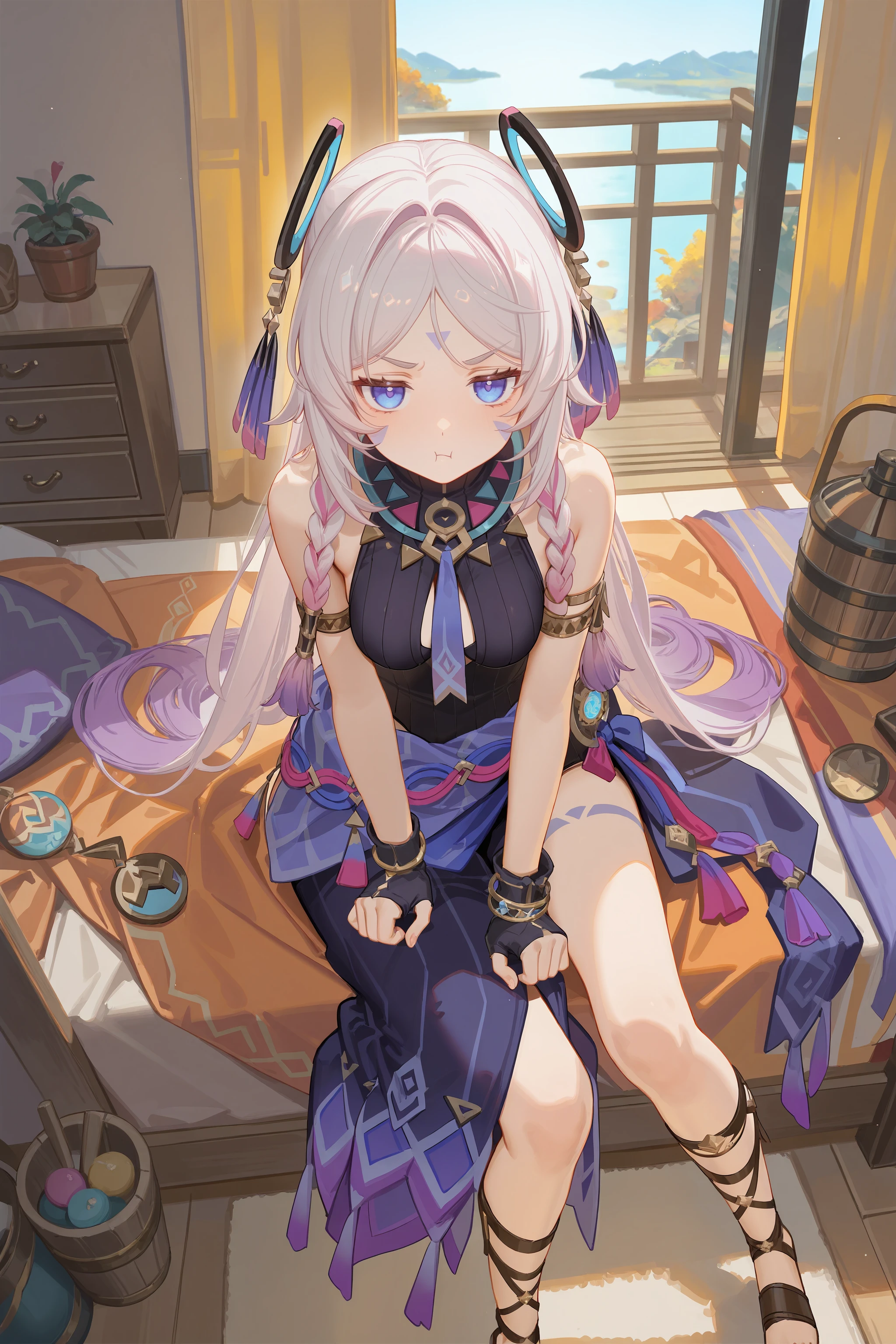 1girl, citlali \(genshin impact\), fingerless gloves, armlet, sarong, facial mark, bracelet, ring hair ornament, turtleneck leotard, leg tatoo, single gauntle, gladiator sandals, sitting, bedroom, leaning forward, from above, looking at viewer, jitome, pout , <lora:Char-Genshin-Citlali-V1-IL:0.9:hr=0.4>, ciloranko, alphonse \(white datura\), ask \(askzy\), gomzi, you shimizu
masterpiece, best quality, amazing quality, very aesthetic, absurdres,  newest, (scenery, volumetric lighting)