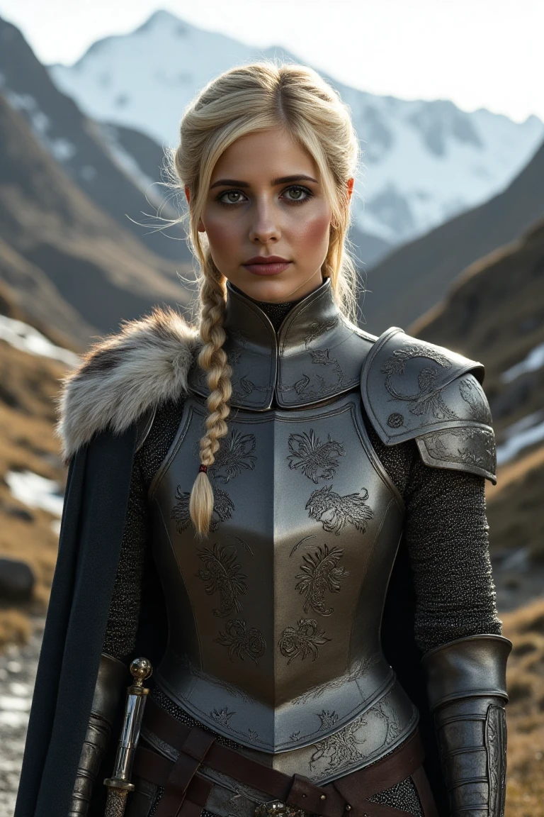 Create a hyper-realistic portrait of a regal blonde woman inspired by the "Game of Thrones" aesthetic, but dressed in battle-ready attire. She stands in a windswept mountain pass, her armor gleaming under the muted sunlight. Her outfit combines elegance with practicality: a fitted leather cuirass adorned with intricate carvings of wolves and stars, layered over chainmail. A dark cloak with a fur-trimmed collar billows behind her, hinting at her noble lineage. Her hair is tied back in a loose braid, with small strands framing her strong, determined face. She carries a finely crafted longsword at her side, its hilt encrusted with subtle gemstones. Her piercing gaze reflects both beauty and unyielding strength. The scene is detailed with rugged terrain, distant snow-capped peaks, and the faint howl of the wind, evoking an air of mystery and power