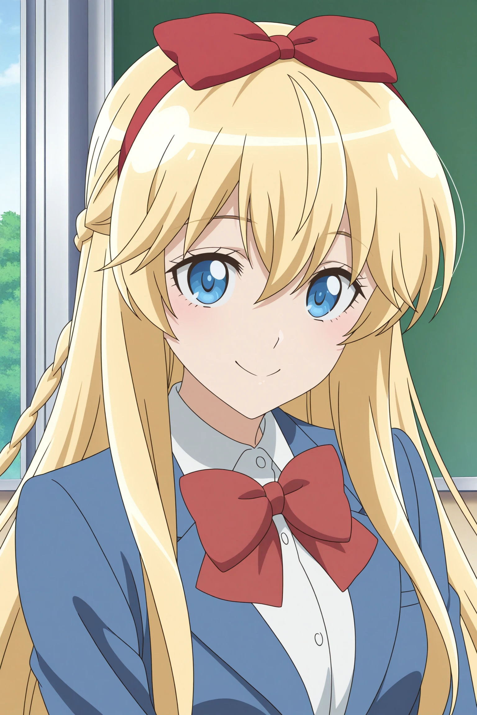 masterpiece, best quality, amazing quality, highres, absurdres, very aesthetic, high resolution, ultra detailed, perfect details, 1girl, solo, indoors, classroom, day, emilia, blonde hair, very long hair, long braid, half up braid, bow hairband, blue eyes, long sleeves, blue jacket, red bowtie, white shirt, collared shirt, grey skirt, plaid skirt, pleated skirt, white pantyhose, loafers, <lora:Emilia_ILXL:0.8>, (aged up:1.2), (portrait:1.4), anime coloring, anime screencap, looking at viewer, (pose:1.2), smile