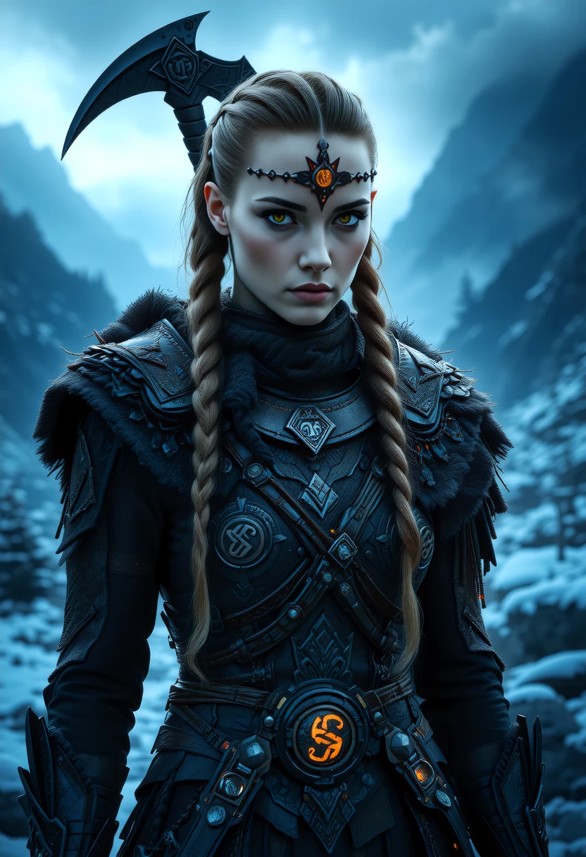 A captivating image emerges, focusing on a viking_punk warrior-princess with her presence commanding attention in the icy wasteland. Her futuristic viking armor based on traditional viking armor, a seamless fusion of technology and her athletic form, slim-athletic form highlights her strength and agility. The warrior's twin braids with shaved sides, frames her determined expression, while her piercing eyes bore into the viewer. Ancient runes are etched into her battleaxe and armor, crackling with mystical glowing energy. The frozen landscape, a testament to her people's resilience, stretches into the distance, where dark, ominous clouds partially veil the rugged mountainous pass, filling the air with crispness and the promise of lightning. This artwork, with its Nordic and Viking-inspired elements, captures the essence of a powerful futuristic figure, seamlessly blending ancient traditions with futuristic innovations. Beauty, chiaroscuro, play of shadow and light, realistic,    <lora:art and styles/MysticFantasy.safetensors:1.0>,  <lora:artist/style_of_H._R._Giger_FLUX_295-000006.safetensors:1.0>, style of H. R. Giger,  <lora:wlop:0.8>, wlop, <lora:flux_trainer/fluxPunk_v11>