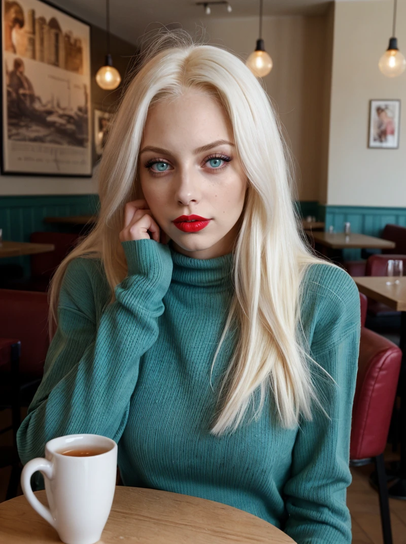 A dynamic cinematic photograph of Jenna_Sims_P_MXAI , wearing a cozy sweater, sitting in a cafe, holding a cup of steaming tea, flirty expression,