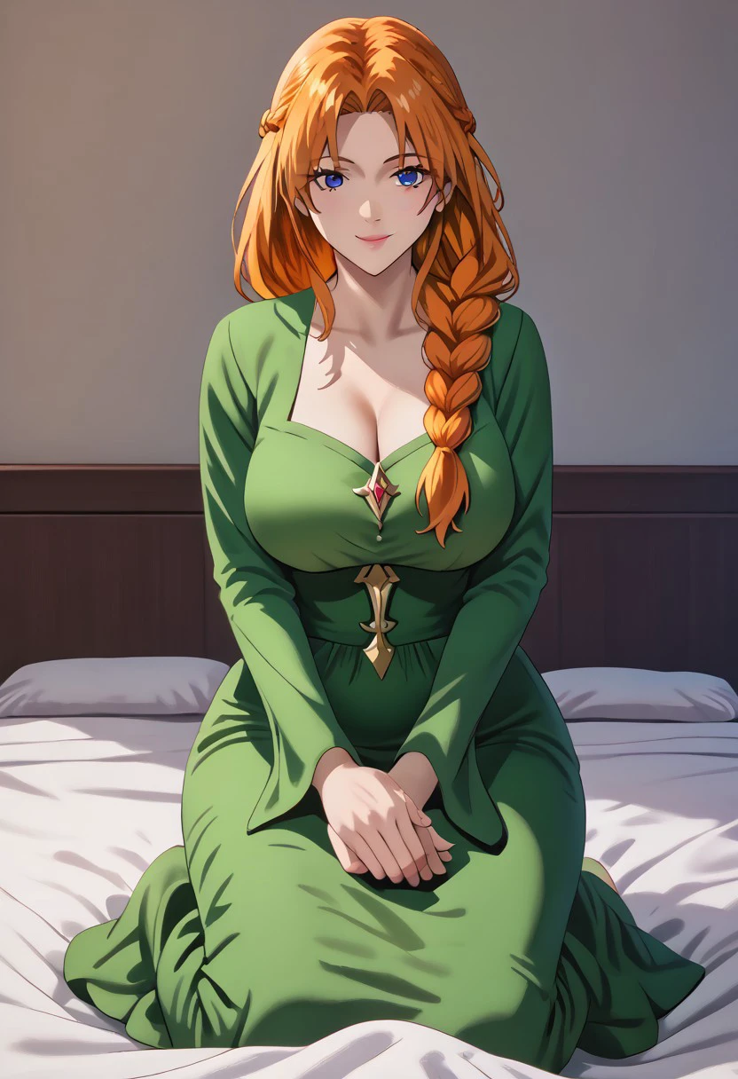 score_9, score_8_up, score_7_up, source_anime, <lora:aisha hart>, (4k), (Masterpiece),  extremely detailed, high resolution, sharp detail, best quality, woman, <lora:Aisha_Hart> , green dress, long hair, braid, orange hair, blue eyes, mature female, seductive smile, head down,  long hair, large breasts, standing, sitting on bed, no nude, looking on viewer, full body image, front face