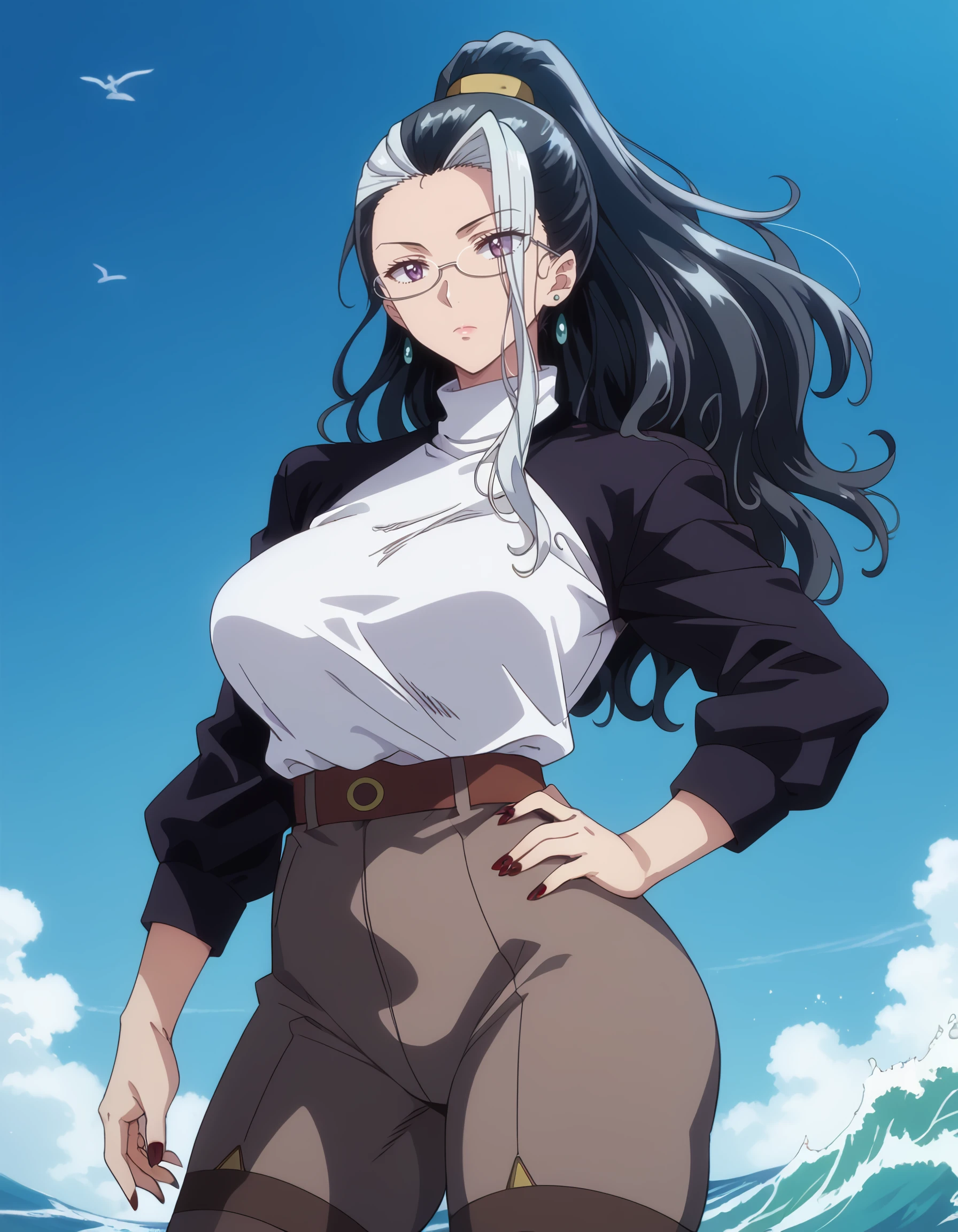 <lora:rikka_sumeragi:1> score_9, score_8_up, score_7_up,source_anime, rating:safe, rikka_sumeragi, black_hair, white_hair, ponytail, multicolored_hair, glasses, long_hair, large_breasts, purple_eyes, jewelry, earrings, nail_polish, thighhighs, huge_breasts, thick_thighs, huge_ass, 1girl, arm_at_side, blake_bloom_\(wuthering_waves\), bodysuit, breasts, closed_mouth, cowboy_shot, expressionless, grey_bodysuit, hand_on_own_hip, head_tilt, looking_to_the_side, medium_breasts, pink_lips, shrug_\(clothing\), sketch, solo, turtleneck, white_background, white_shrug, (tsukishiro_saika:1.2), (2000s_\(style\)),, masterpiece, detailed, best_quality