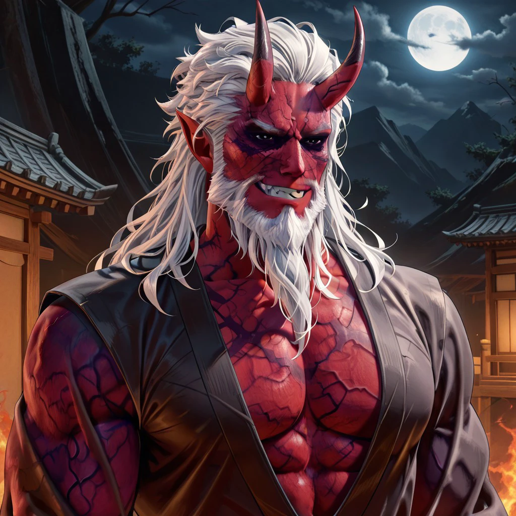 masterpiece, best quality, newest, absurdres, highres,  anime, anime style, Partial-illithid-BG3 veins, dark purple veins, 1boy, demon, demon boy, red skin, red colored skin, white hair, horns, oni horns, massive horns, oni, muscular male, monster boy, monster, muscular, black robe, black eyes, manly, beard, long beard, smile, grin, evil grin,