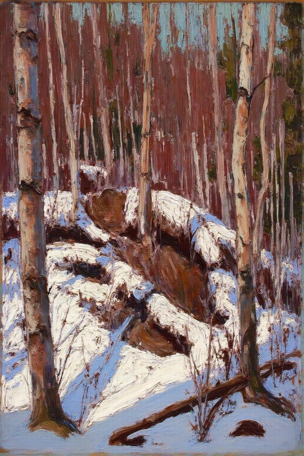 tomthom1 painting.
A winter forest scene dominated by tall, slender trees, primarily birch or similar species, with their bark a mix of light brown and white. The trees are scattered throughout the composition, their trunks and branches reaching upwards. The ground is covered with thick layer of snow. <lora:tomthom1_cap_d6a3:1.0><lora:815407633147320445:0>