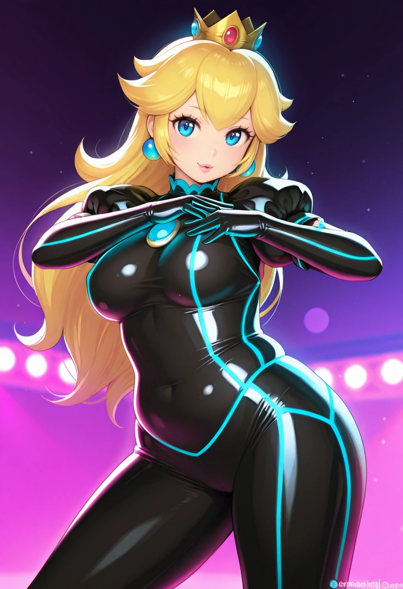 1girl, solo, (Princess Peach: 1.3), (Thick Thighs: 1.3), (Thick Calves: 1.3), (Blue Eyes: 1.3), (Slightly Plump: 1.2), petite, Curvy, (Medium breasts: 1.3), (Standing, Dancing, Contrapposto, Dynamic Pose, Seductive Pose, Seductive Expression, legs spread, in a dance club at night surrounded by strobing and neon lights in a digital simulation: 1.3), (From Front: 1.3), Cowboy Shot, Eyes Half Open, Sultry Eyes: 1.3, Dark Lighting, Lowkey Lighting, Dark Colors, highly detailed masterpiece, High_Resolution_Textures, (stunning design:1.2), (stunning concept design), Intricately_Detailed_design, Legendary_masterpiece, Realistic_texturing, ultra_soft_texturing, Complex_texturing, Insanely_Flawless_Details, Legendary_Details, Full_Color_scheme, Detailed_color_scheme, Complex_colors, Complex_details  <lora:Earthbound_-_Kashiwamochi_Yomogi_artist_style_-_IllustriousXL:1>