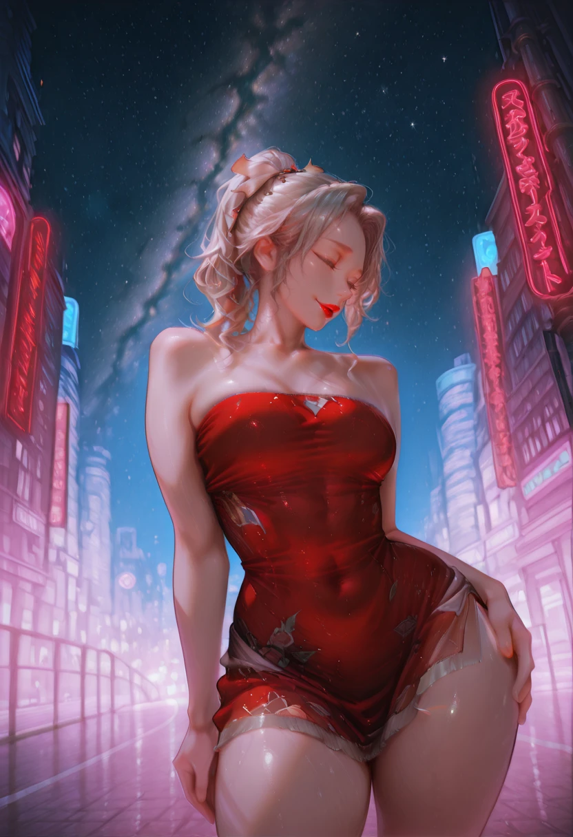 1girl, solo, (Terra: 1.3), (Thicc Thighs: 1.3), (Thicc Calves: 1.3), (Slightly Plump: 1.2), petite, Curvy, (Red Lipstick: 1.3), (Medium breasts: 1.3), (Standing, in a city street, hand on hip, contrapposto, on sides of the road at night under the starry sky surrounded by neon lights: 1.3), (From Front Angle: 1.7), Cowboy Shot: 1.3, Eyes Open, seductive expression: 1.3,  Dark Lighting, Lowkey Lighting, Dark Colors, highly detailed masterpiece, High_Resolution_Textures, (stunning design:1.2), (stunning concept design), Intricately_Detailed_design, Legendary_masterpiece, Realistic_texturing, ultra_soft_texturing, Complex_texturing, Insanely_Flawless_Details, Legendary_Details, Full_Color_scheme, Detailed_color_scheme, Complex_colors, Complex_details
<lora:Earthbound_-_Hizuki_Akira_Artist_Style_-_IllustriousXL:1> <lora:Earthbound_-_Terra_Branford_Final_Fantasy_6_-_IllustriousXL:1>