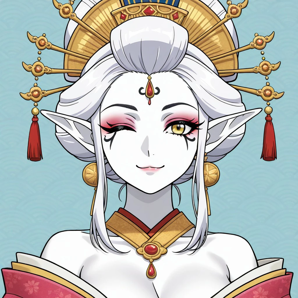 masterpiece, best quality, newest, absurdres, highres,  anime, aninme, anime style, egyptmakeupv2, makeup, eyliner, paintedtoplid, 1girl, Elf, Sorcerres, white skin, white hair, yellow eyes, (asian:1;3), (asian female;1;3), oiran, mature, mature woman, friendly smile, royal, regal, noble, eyeshadow, mascara