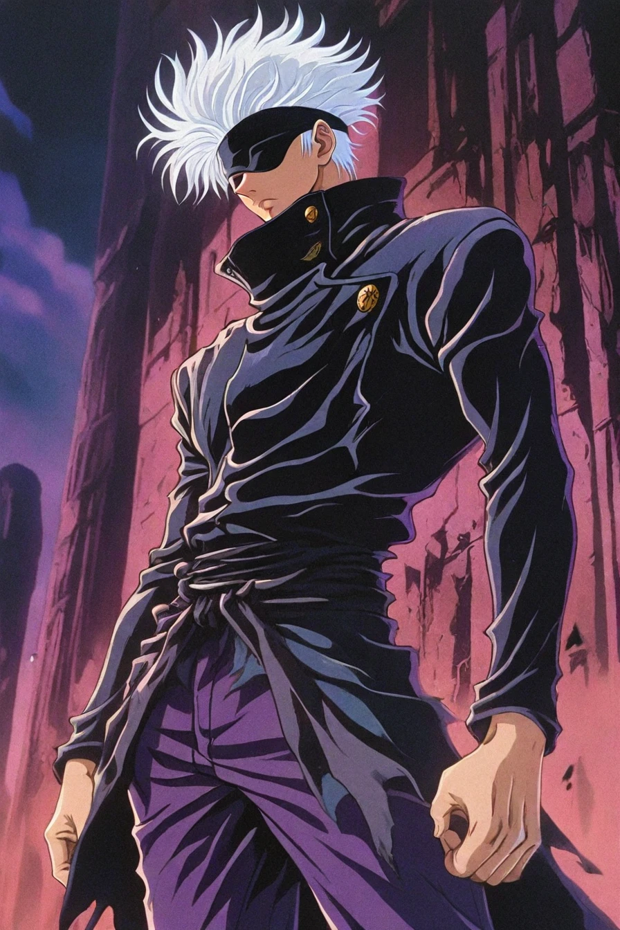 gojou satoru, white hair, purple pants, high collar, blindfold, covered eyes, black blindfold, purple jacket, purple pants, 1boy, solo, alone, <lora:dark_fantasy_anime_illustriousXL:1>, dark_fantasy_style, dark fantasy, retro, masterpiece, highres
