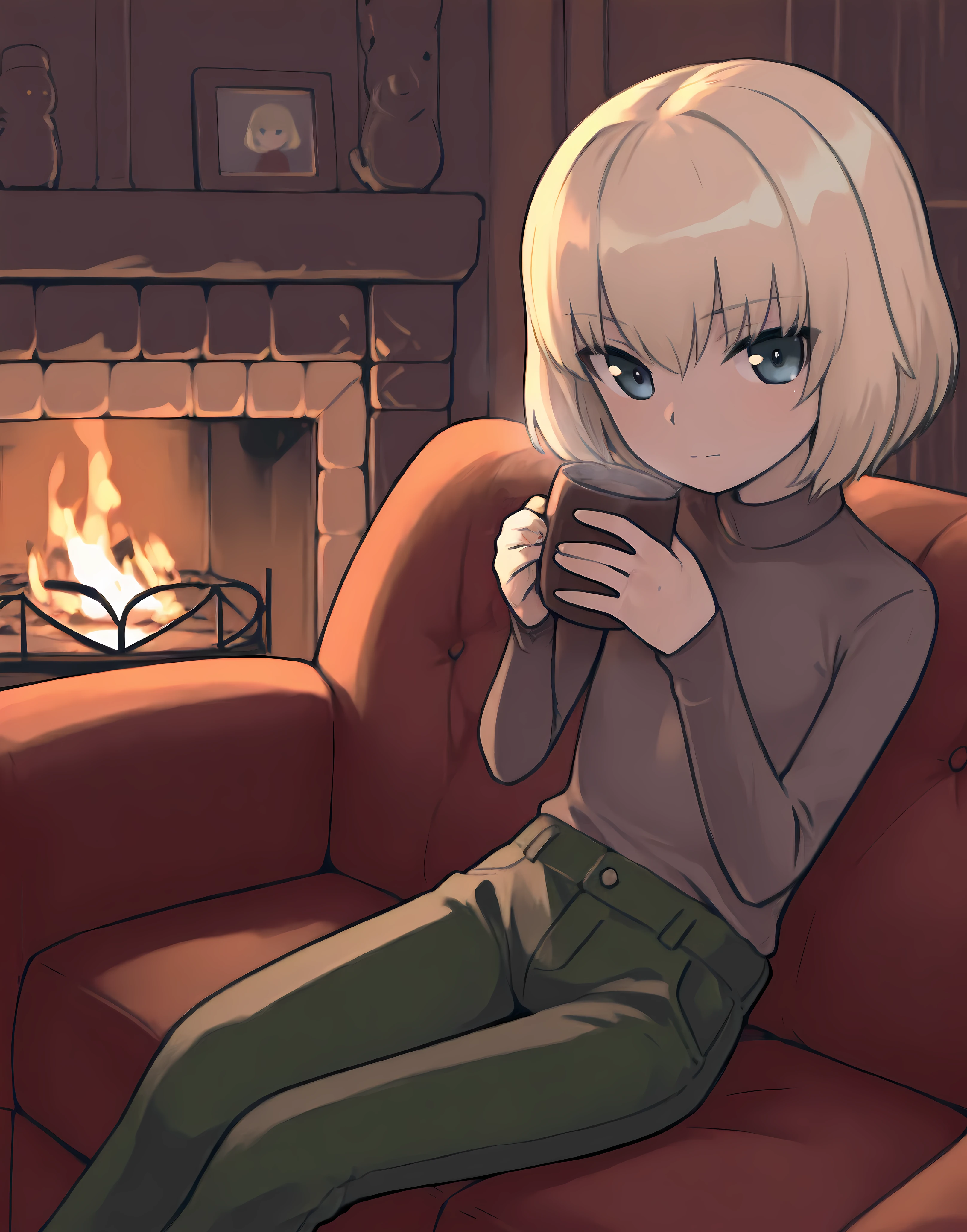 masterpiece, 1girl, vannabete, sits in front of fireplace, in sweater, holds cup of coffee <lora:add_detail:1> <lora:vannabete:1>