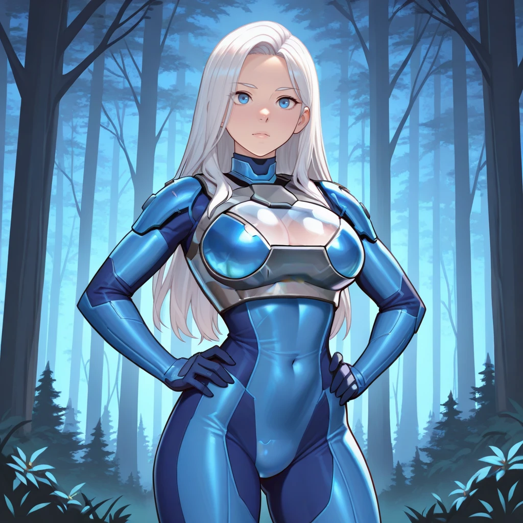 masterpiece, best quality, GlassBreastplate, glass breastplate, 1girl, white hair, long hair, blue eyes, blue bodysuit, cowboy shot,   <lora:GlassBreastplate_illustrious_Leaf3-000011:1>, forest, hands on own hips,