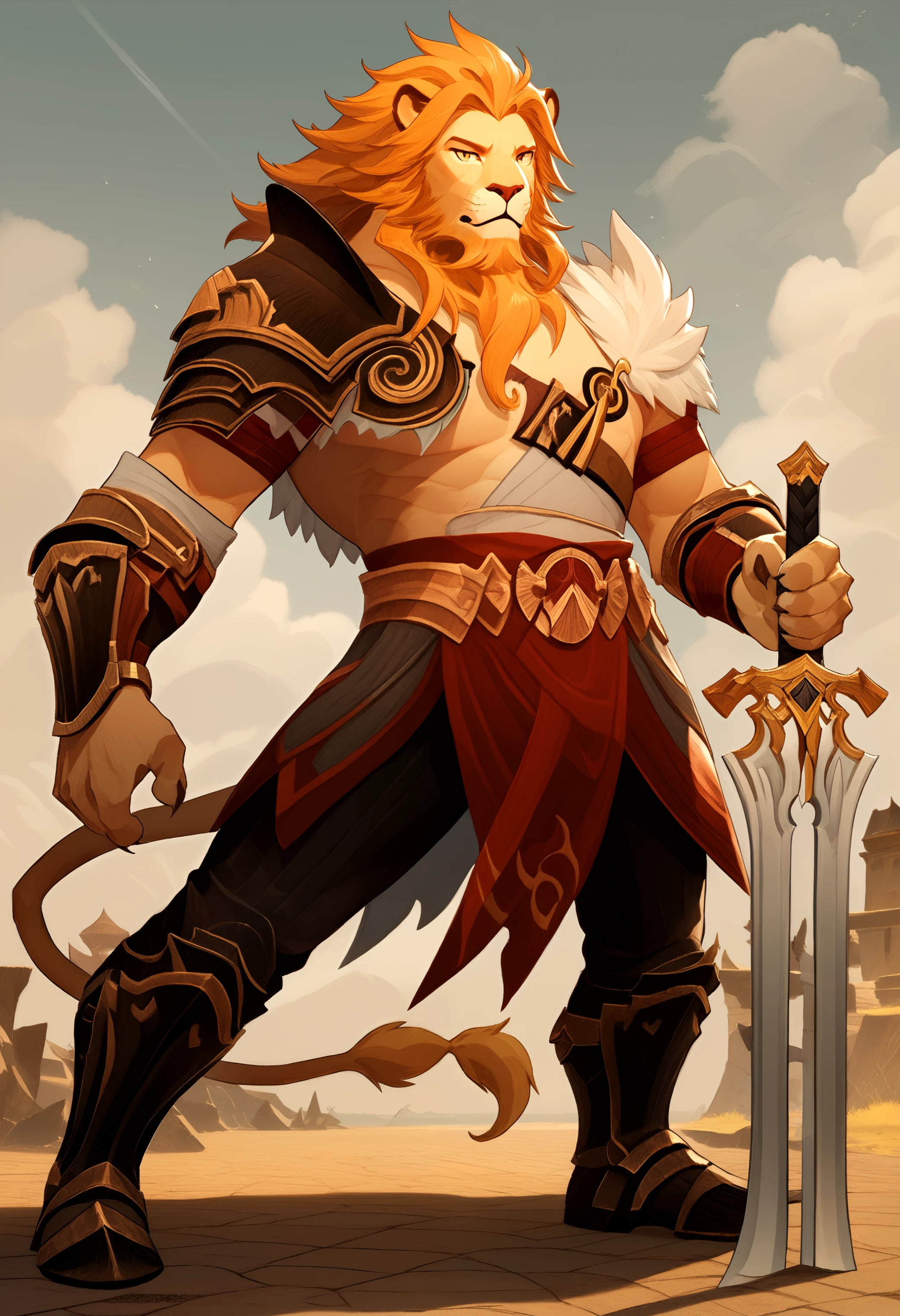 score_9, score_8_up, score_7_up, 8k, detailed design, detailed background, detailed characters, masterpiece, anthro only, furry only,  <lora:BrutusAFK_Arena-000001>, brutus, orange hair, leg armor, weapon, lion ears, lion boy, pants, brown fur, beard, loincloth, sword, armor, 1boy, lion tail, facial hair, belt, gauntlets, shoulder armor, boots