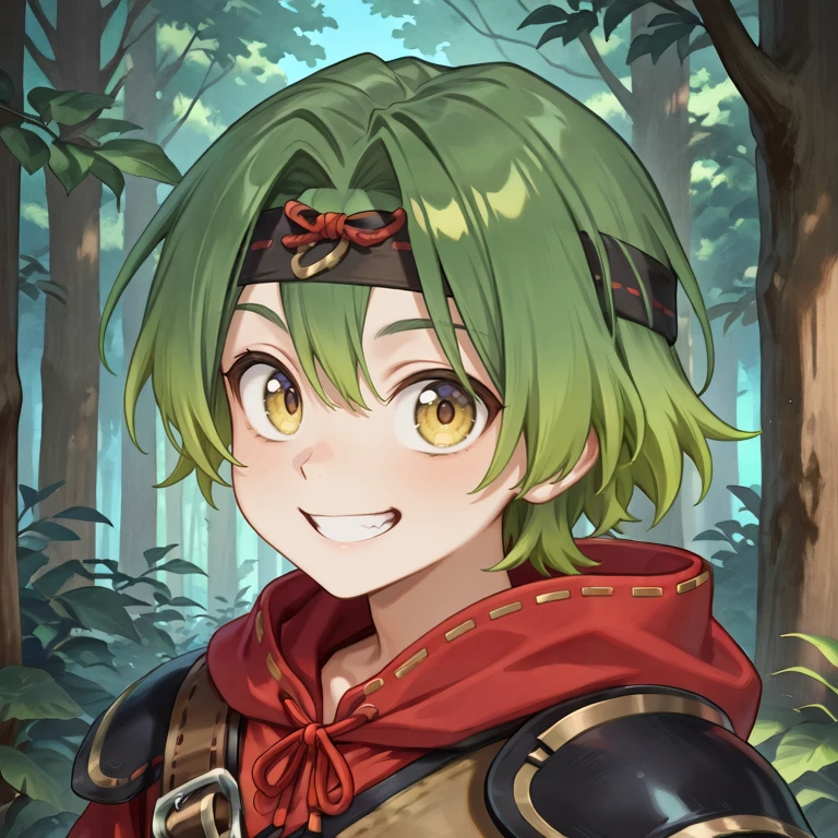 <lora:MizerIL:0.99> , MzeDef, MzeAlt, 1boy, short hair, green hair, gradient hair, yellow eyes, shoulder pads, (black headband), black shoulder pads, red hood, hood down, red shirt, shoulder belt, muneate, brown muneate, (face, close-up), ((portrait)), forest, woods, looking at viewer, grin masterpiece, very aesthetic, absurdres, best quality, amazing quality, high resolution, newest, very awa, <lora:illustrious_quality_modifiers_masterpieces_v1:0.8> , <lora:ChamIllustriousBackgroundEnhancer:0.5>,