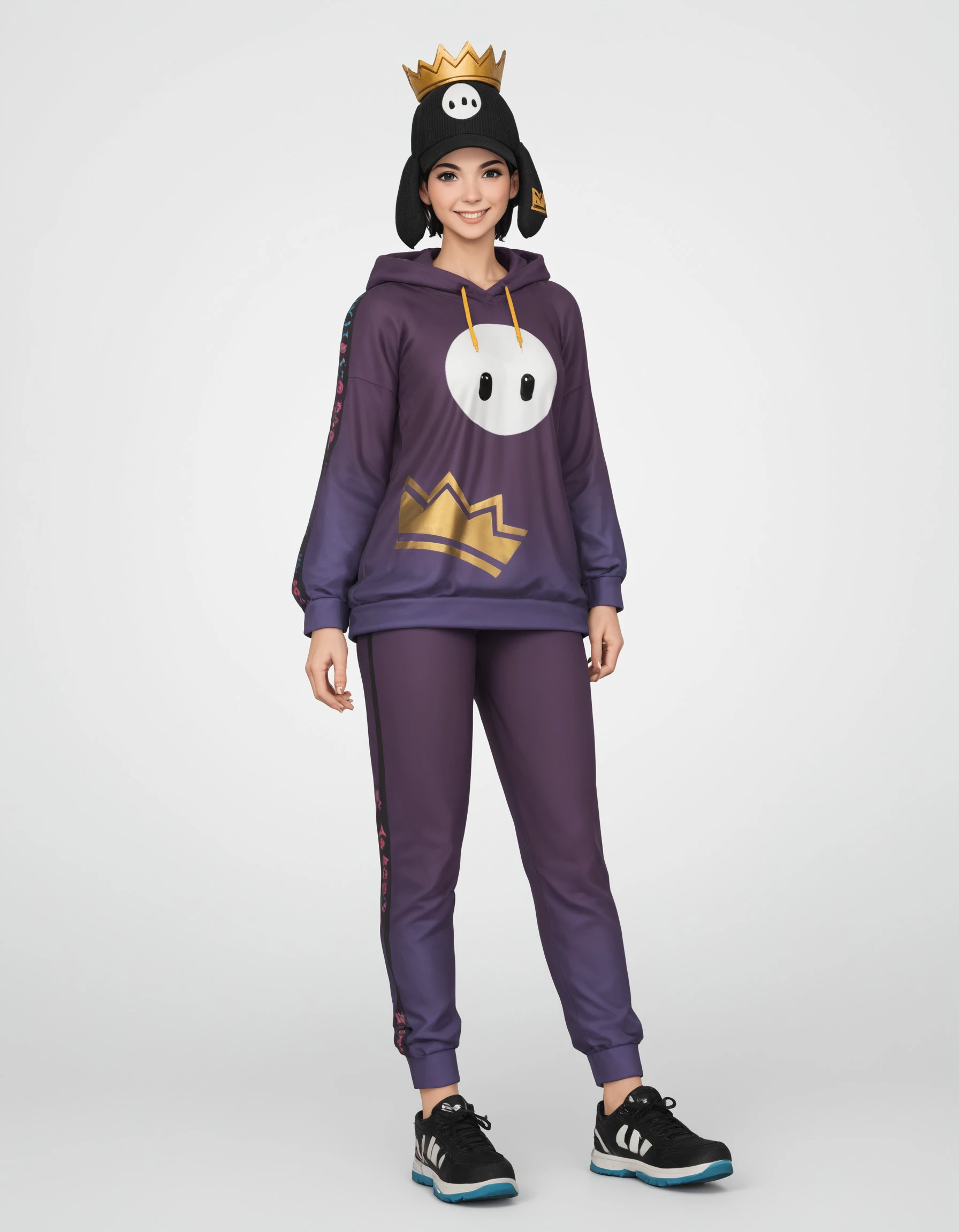 score_9, score_8_up, score_7_up, score_6_up, score_5_up, score_4_up, G3NTL3B34N, solo, hood, 1girl, shoes, pants, hoodie, full body, black footwear, hat, crown, simple background, looking at viewer, standing, hood down, black hair, black eyes, long sleeves, purple pants, sneakers, purple hoodie, smile, white background, <lora:6e105735-83ba-4f0e-9bf0-d07f116e51d9:0.7>