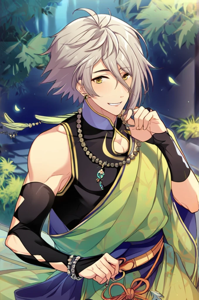 score_9,score_8_up,score_7_up,score_6_up,score_5_up,score_4_up,1boy,Seishi,grey hair,yellow eyes,single bare shoulder,cleavage cutout,black bodysuit,bead necklace,single elbow glove,single bracelet,green kesa,belt,purple bow,monk,smile,<lora:Seishi_pony:1>,