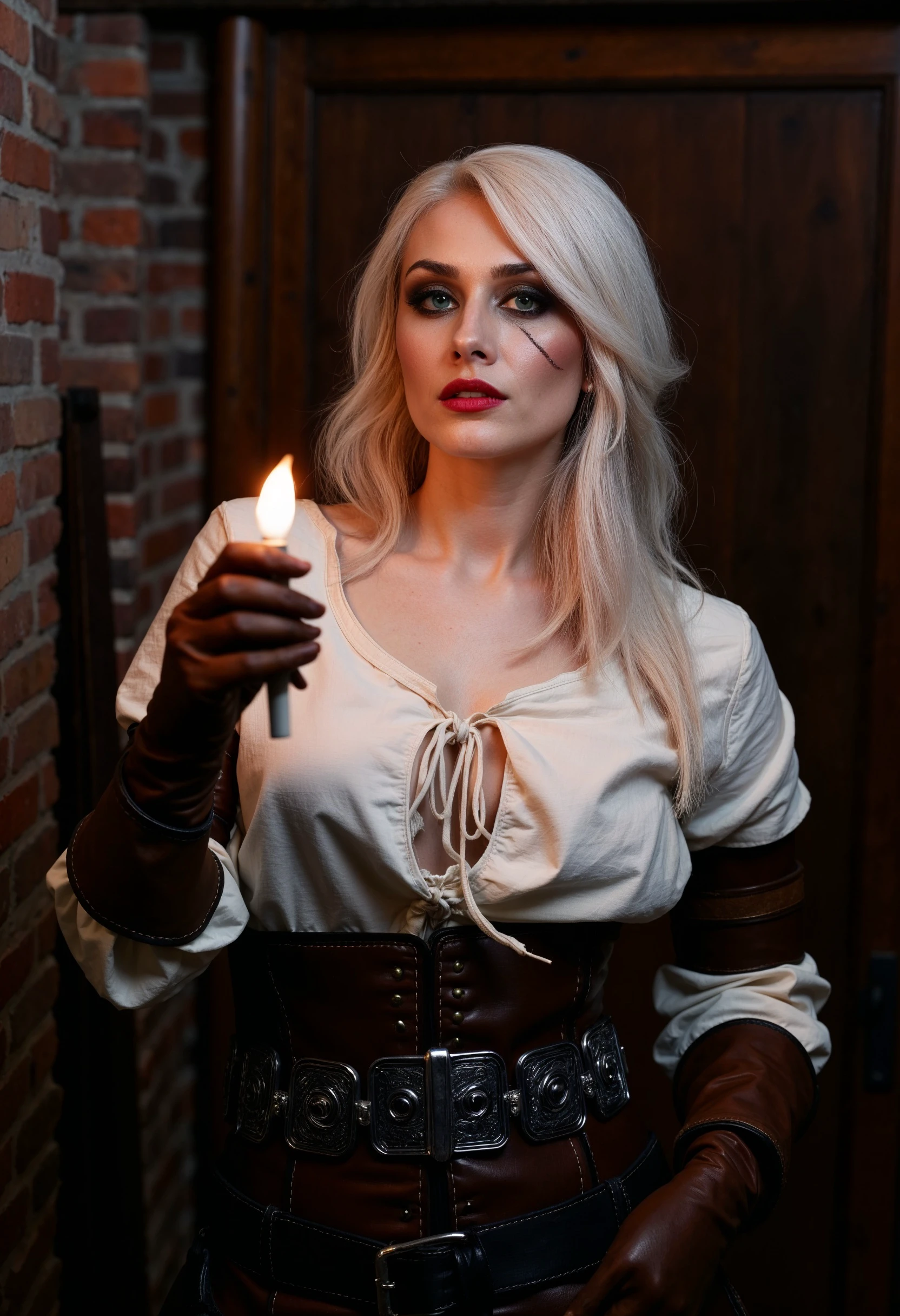 CiriW, a portrait-style photograph featuring a woman dressed in a detailed attire. The woman has fair skin and striking facial features, including dark eye makeup and red lipstick. She has long, white-blonde hair styled in a loose, medieval-inspired fashion. The costume includes a white, slightly off-shoulder blouse with a lace-up front, brown leather gloves, and a corset with intricate designs and metallic accents. The woman is holding a lit candle in her hand, casting a warm glow on her face. The background consists of a rustic wooden door and brick wall, adding to the medieval ambiance. The lighting is dim, with the candlelight providing a soft, atmospheric illumination.  <lora:FluxCiriWV1:1>