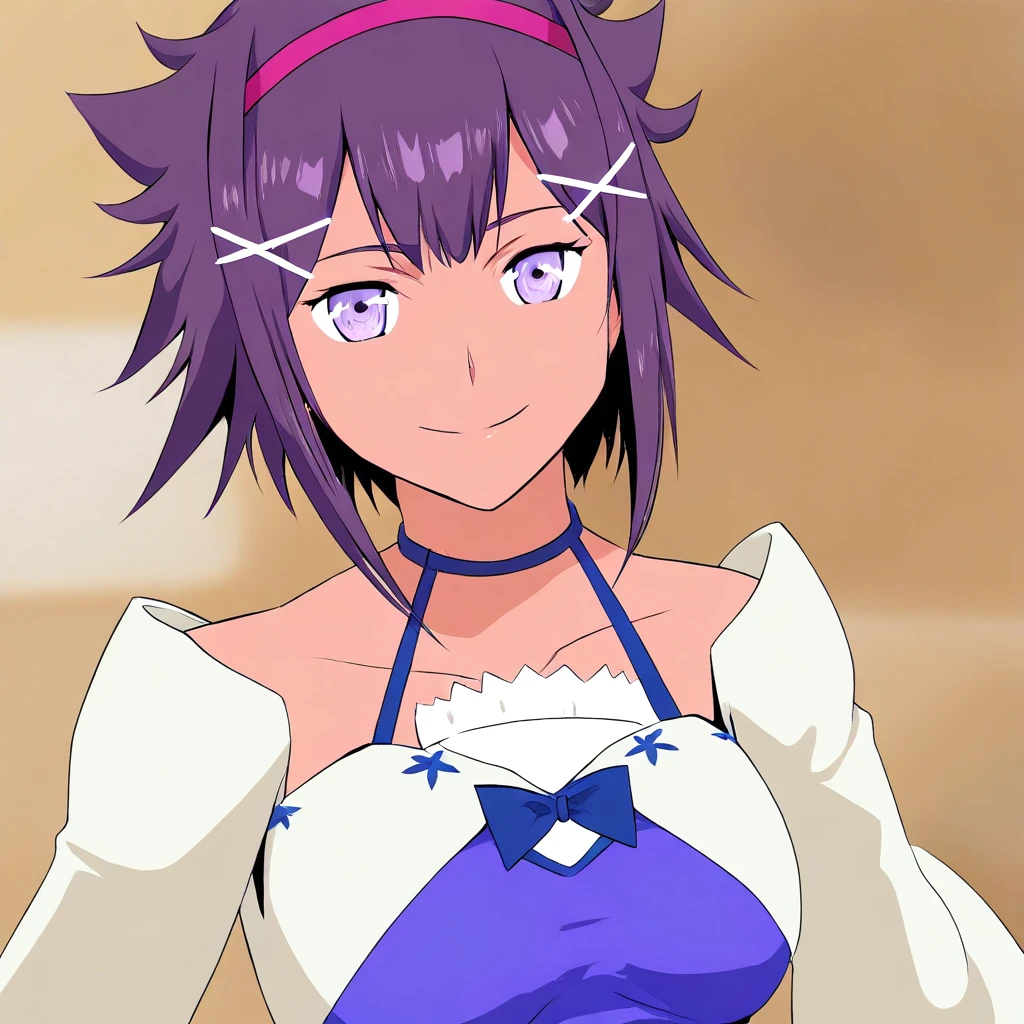 1girl, solo, high quality, masterpiece, himari_dwno, tan skin, purple eyes, purple hair, short hair, headband, hairpiece, purple shirt, baggy sleeves, pink belt, portrait, looking at viewer, soft smile, happy, studio background, blurry background, painted style, source_anime, illustration