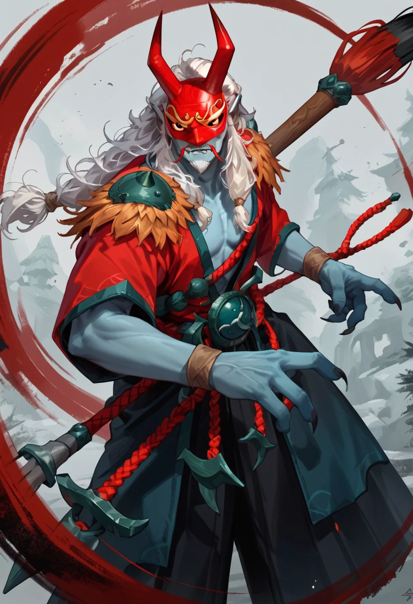 score_9, score_8_up, 1boy solo, Grimstroke, red mask, white hair, blue skin, holding weapon, big brush