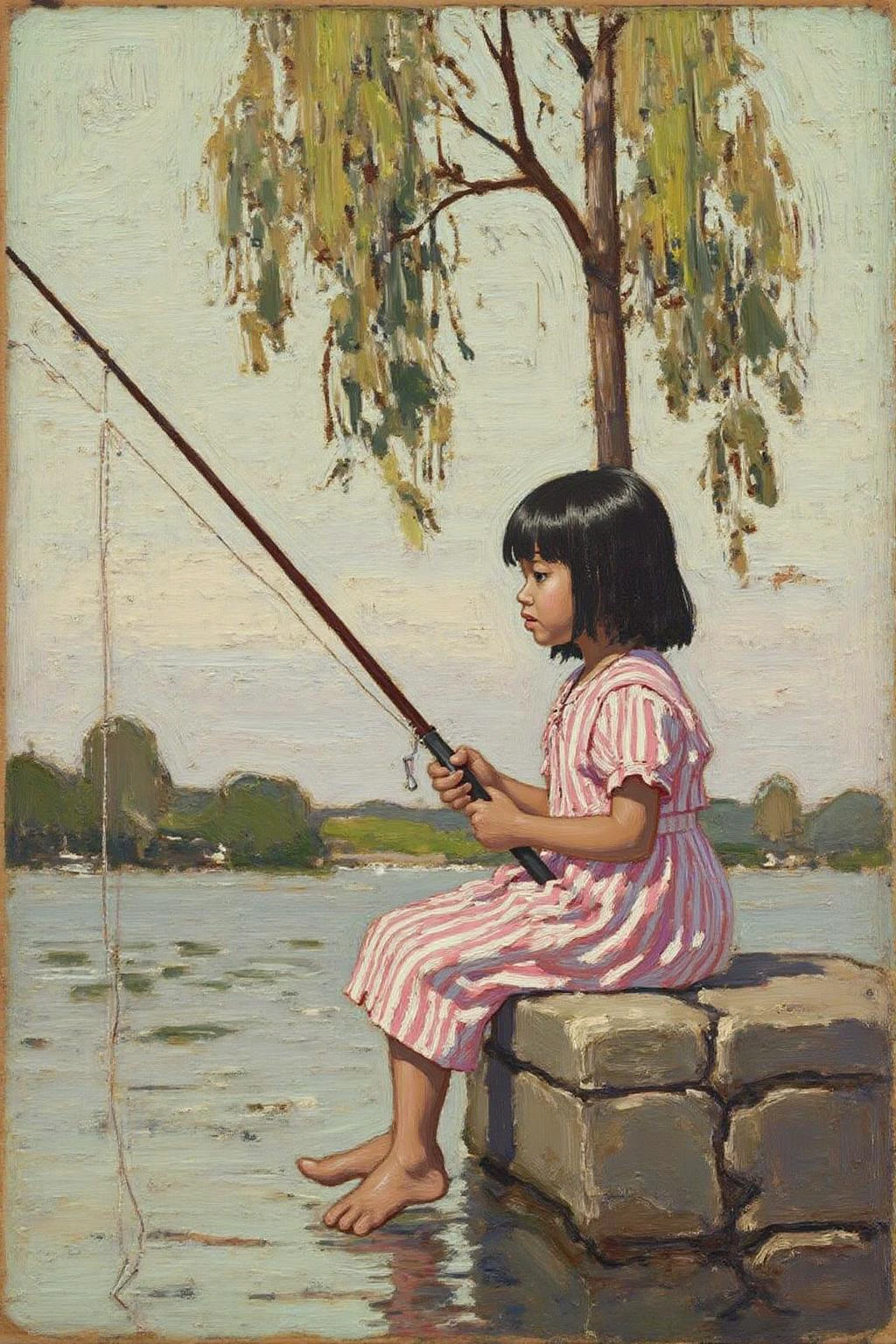 tomthom1 painting.
a serene, minimalist scene. It depicts a young girl sitting on a stone bench by a calm body of water, likely a pond or small lake. She is fishing with a long fishing rod, which she holds with both hands. The girl has short, straight black hair and is dressed in a pink and white striped dress, with a simple, traditional style. Her expression is calm and focused, gazing intently at the water. There is a willow tree above her. <lora:tomthom1_cap_d6a3:1.0><lora:815396217124044965:0>