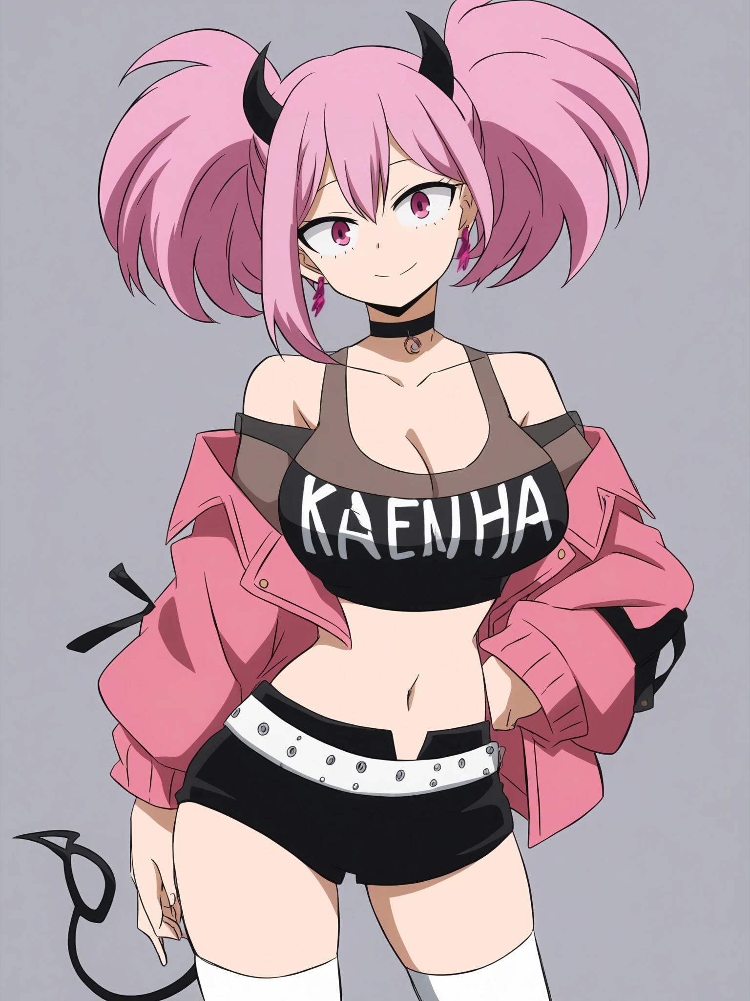 1girl, solo, breasts, tail, pink_hair, horns, demon_tail, shorts, jacket, twintails, large_breasts, smile, looking_at_viewer, long_hair, navel, choker, black_background, pink_eyes, short_shorts, belt, demon_girl, pink_jacket, demon_horns, simple_background, tank_top, open_jacket, cleavage, black_shorts, open_clothes, thighhighs, off_shoulder, bare_shoulders, closed_mouth, head_tilt, hair_between_eyes, cowboy_shot, jewelry, micro_shorts, collarbone, black_choker, white_thighhighs, crop_top, bangs, earrings, clothes_writing, shirt, midriff, standing, see-through, contrapposto, long_sleeves,
<lora:My_Hero_Academia_Illustrious_SD8:1>
