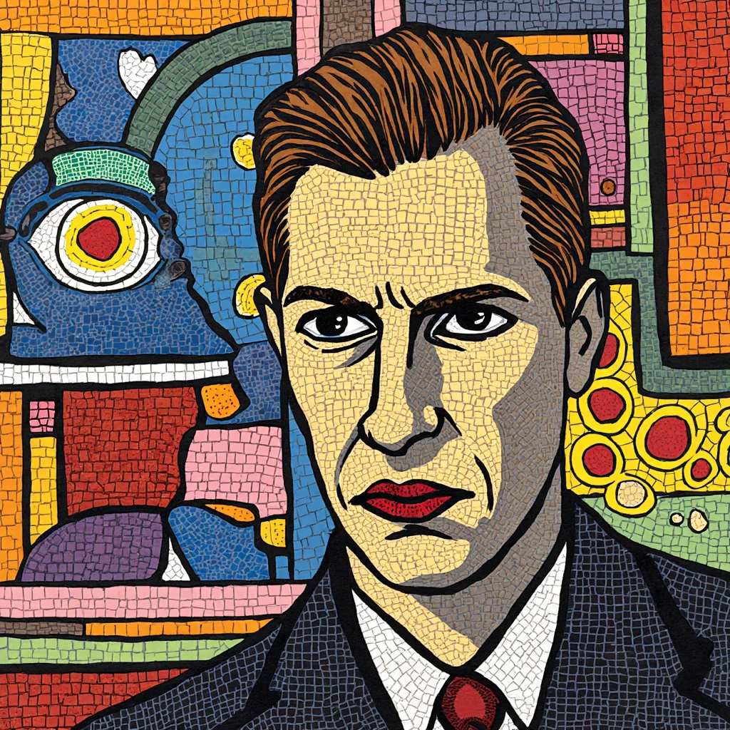 illustration, art, man, face, gaze, mosaic, mondrian, consisting random colors, black outline, pattern, masterpiece 