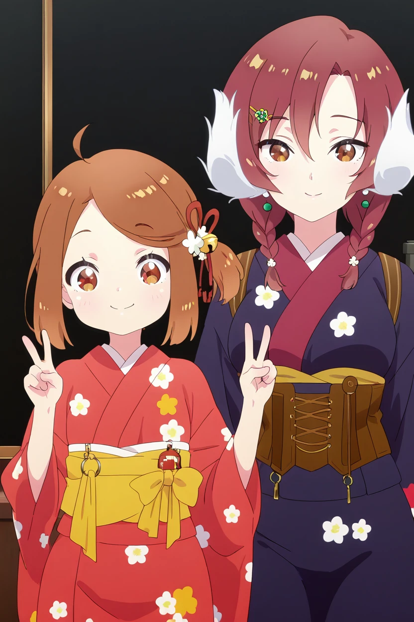 mmasterpiece, best quality, curvy, beautiful eyes,   2girls,   zzChiyo, brown eyes, ahoge, brown hair, hair bell, hair flower, hair ornament, hair ribbon, one side up, short hair, side ponytail,  japanese clothes, kimono, flower, red kimono, floral print, bell, jingle bell, swept bangs, print kimono, zzYuugiri, red eyes, hair between eyes, hair flower, hair ornament, hair over shoulder, hairclip, long hair, red hair, short hair, twin braids,   kimono, japanese clothes, jewelry, earrings, (v), cowboy shot, smile, looking at viewer, shiny skin,  <lora:PrimaDoll_Style_IXL:1.0>,