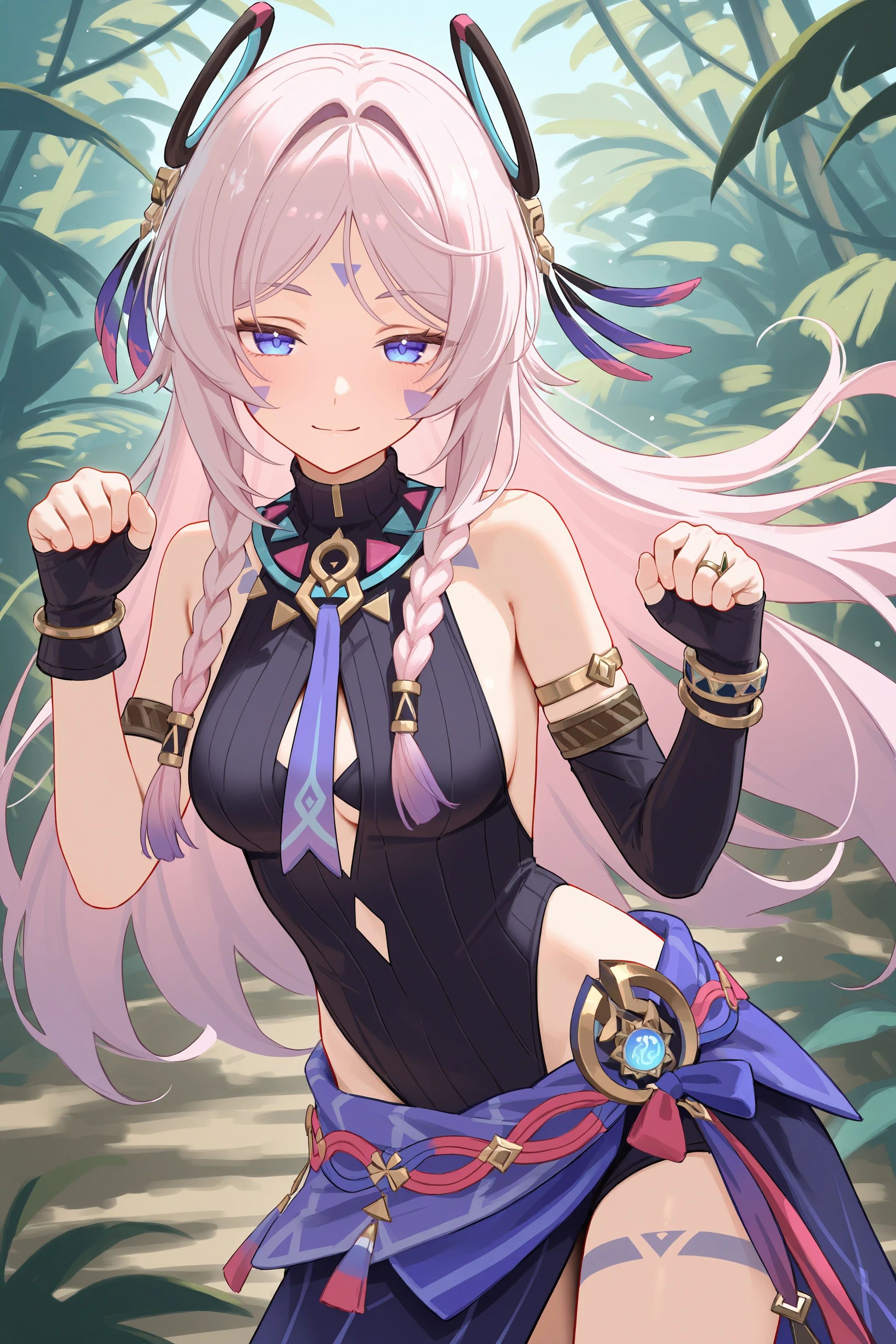 1girl, citlali \(genshin impact\), fingerless gloves, armlet, sarong, facial mark, bracelet, ring hair ornament, turtleneck leotard, leg tatoo, single gauntle, cowboy shot, standing, seductive smile, disdain, looking at viewer, paw pose, floating hair, outdoors, jungle , <lora:Char-Genshin-Citlali-V1-IL:0.9:hr=0.4>
masterpiece, best quality, amazing quality, very aesthetic, absurdres, perfect features, perfect body, intricate details, ray tracing, (ask \(askzy\), hiten \(hitenkei\), wlop:0.6)