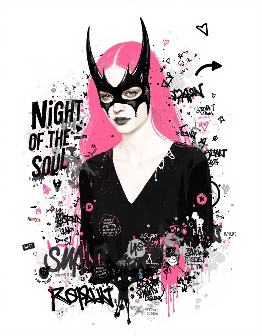 By Raphael Vicenzi. This image is a digital illustration featuring a woman with a striking, gothic-inspired aesthetic. She has long, wavy pink hair that cascades past her shoulders and is adorned with a black, cat-like mask that covers her eyes and has prominent, curved bat-like ears. Her eyes are dark and piercing, and she wears black lipstick that complements her pale skin. Her outfit consists of a black, long-sleeved top that appears to be made of a soft fabric, and she stands against a stark white background, which makes her stand out sharply.
The background is filled with abstract, chaotic patterns and splashes of color, including black, white, and shades of pink, adding to the overall dark, edgy vibe. The text "NIGHT OF THE SOUL" is prominently displayed in bold, black letters on the left side of the image, with additional smaller, scattered text and symbols adding to the eclectic, graffiti-like feel. The illustration combines elements of street art and gothic fashion, with a focus on bold, contrasting colors and textures. The overall style is modern and edgy, with a blend of digital and traditional art techniques. <lora:Raphael_Vicenzi-000005:1.0>