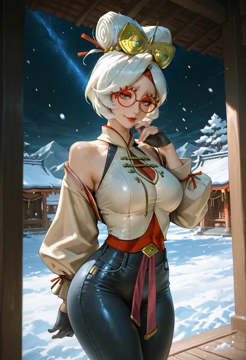 1girl, solo, (Legend_of_Zelda, Purah, Legend of Zelda: 1.5), Tall, Curvy, (Blue Eyes: 1.3), (Red Lipstick: 1.3), (Medium breasts: 1.3), (Green Skintight Turtleneck Long Sleeve Shirt: 1.3), (Blue Denim Skintight Jeans: 1.3), (Black Converse Shoes: 1.3), (Standing, Seductive Pose, hand at mouth, hand resting on chest, at a shrine in japan, snow on the ground, snow falling from the sky at night under dark snow clouds: 1.3), Cowboy Shot: 1.3, Eyes half open, (seductive expression: 1.3), (Looking at VIewer), Dark Lighting, Lowkey Lighting, Dark Colors, highly detailed masterpiece, High_Resolution_Textures, (stunning design:1.2), (stunning concept design), Intricately_Detailed_design, Legendary_masterpiece, Realistic_texturing, ultra_soft_texturing, Complex_texturing, Insanely_Flawless_Details, Legendary_Details, Full_Color_scheme, Detailed_color_scheme, Complex_colors, Complex_details