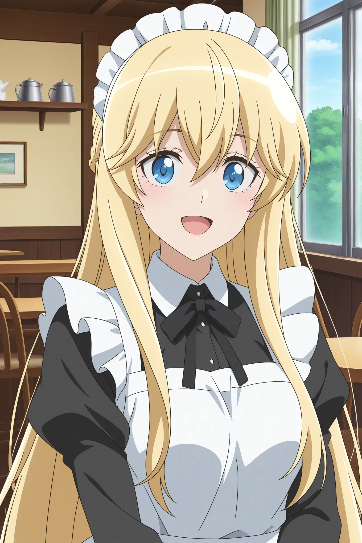 masterpiece, best quality, amazing quality, highres, absurdres, very aesthetic, high resolution, ultra detailed, perfect details, 1girl, solo, indoors, cafe, day, emilia, blonde hair, very long hair, long braid, half up braid, maid headdress, blue eyes, maid, black neck ribbon, black maid dress, white pantyhose, loafers, long sleeves, <lora:Emilia_ILXL:0.8>, (aged up:1.2), (upper body), anime coloring, anime screencap, looking at viewer, (pose:1.2), smile, open mouth