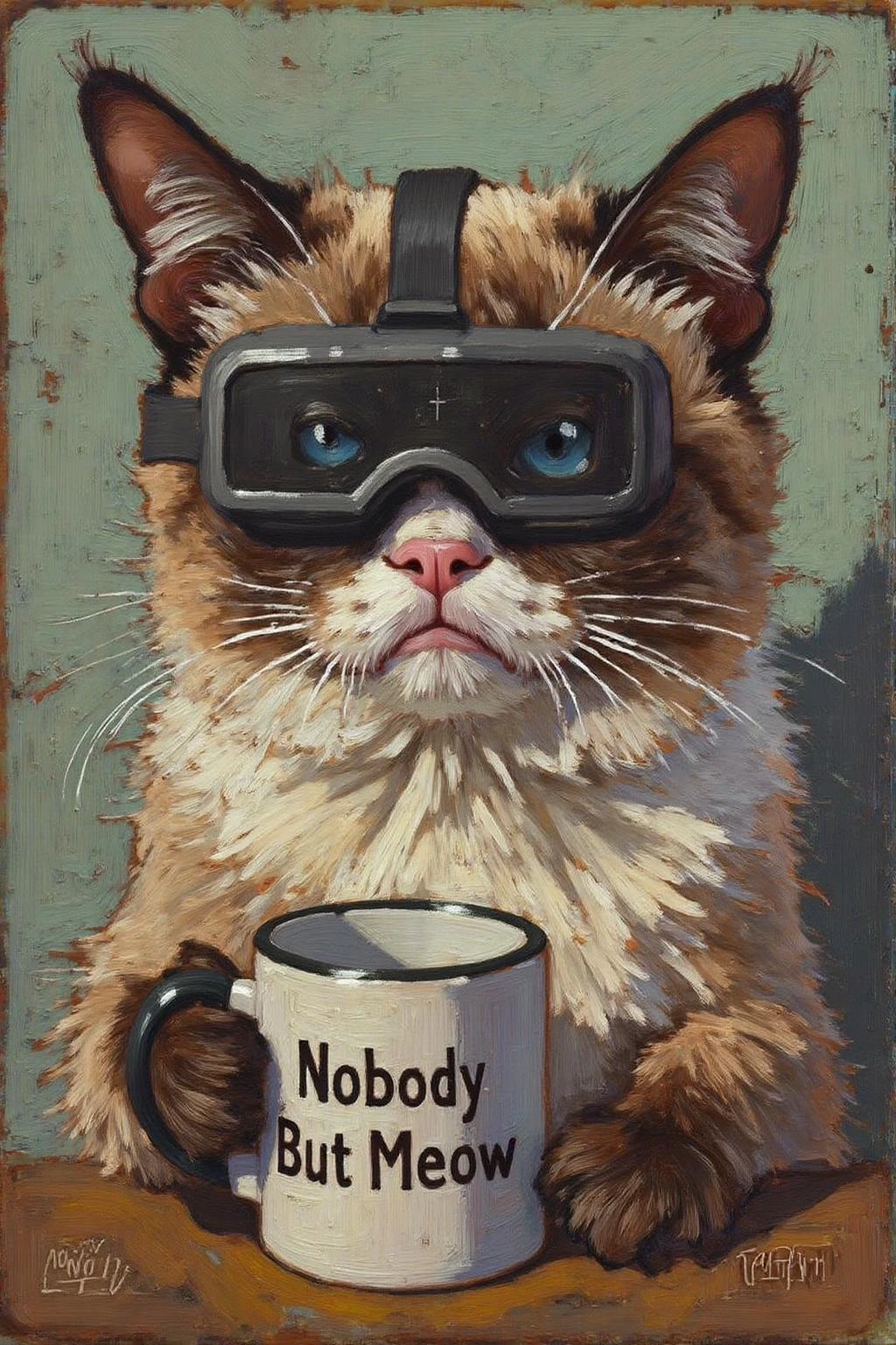 tomthom1 painting.
Grumpy Cat holding a coffee mug, wearing a VR Headset. The mug has the phrase "NobodyButMeow" printed <lora:tomthom1_cap_d6a3:1.0><lora:815405678937166194:0>