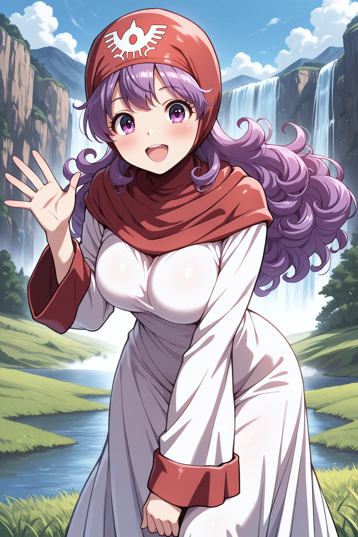 masterpiece, best quality, 1girl, solo,  <lora:dqpom-illu-nvwls-v1-000005:1> dqPom, red hood, hood up, purple hair, curly hair, long hair, white robe, long sleeves, breasts, waving, hand up, looking at viewer, happy, open mouth, mountains, cloud formations, blush, waterfall, grass, field