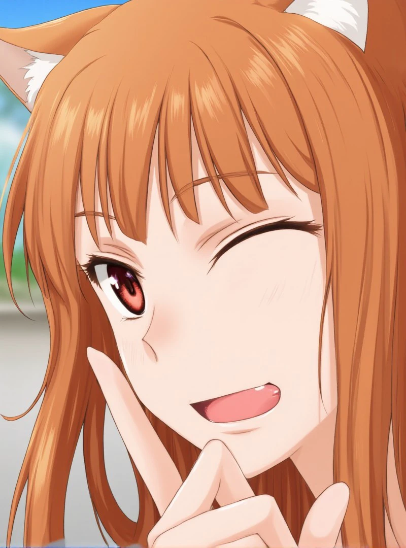 <lora:holo-the-wise-flux:1> Holo
Holo face close up, V-sign