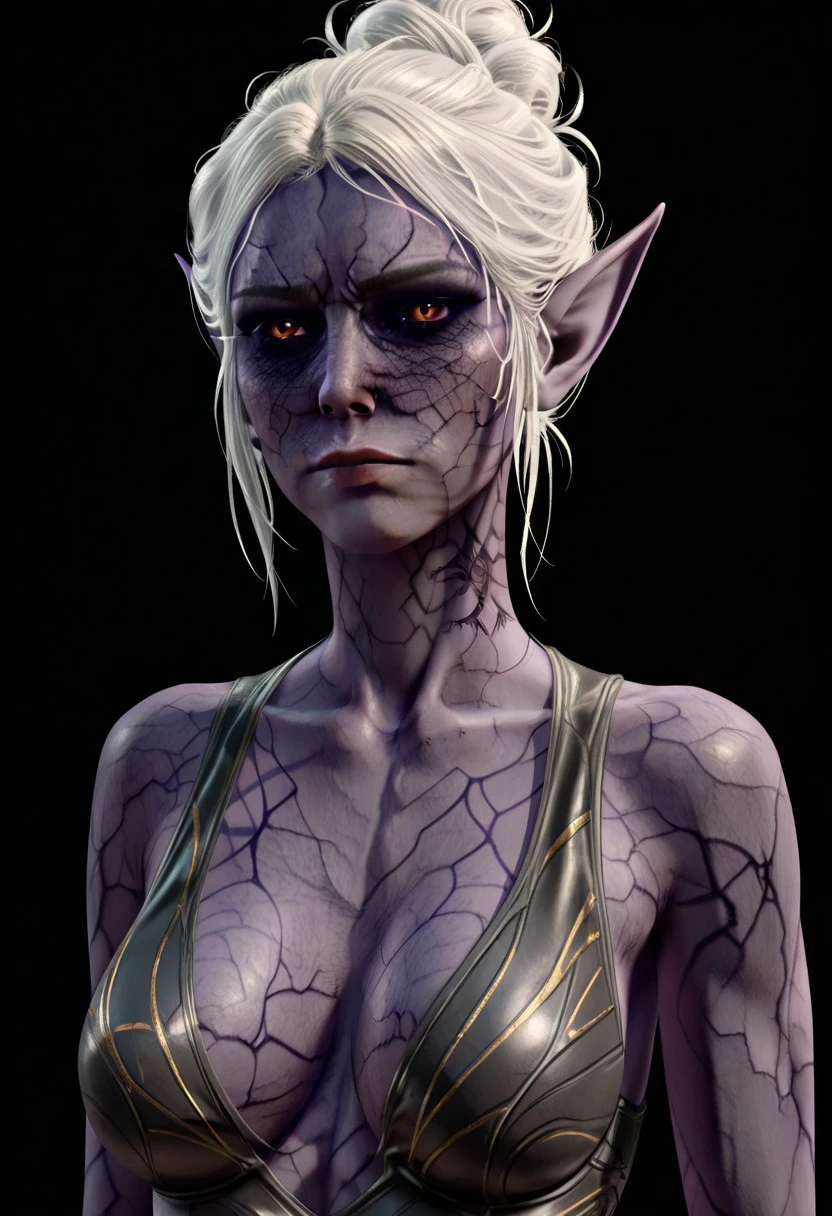 masterpiece, best quality, newest, absurdres, highres,  anime, anime style, Partial-illithid-BG3 veins, dark purple veins, colored sclera, black sclera, black eyes, 1girl, colored skin, purple skin, pointy ears, red eyes, hair bun, short hair, white hair, neck tattoo, medium breasts