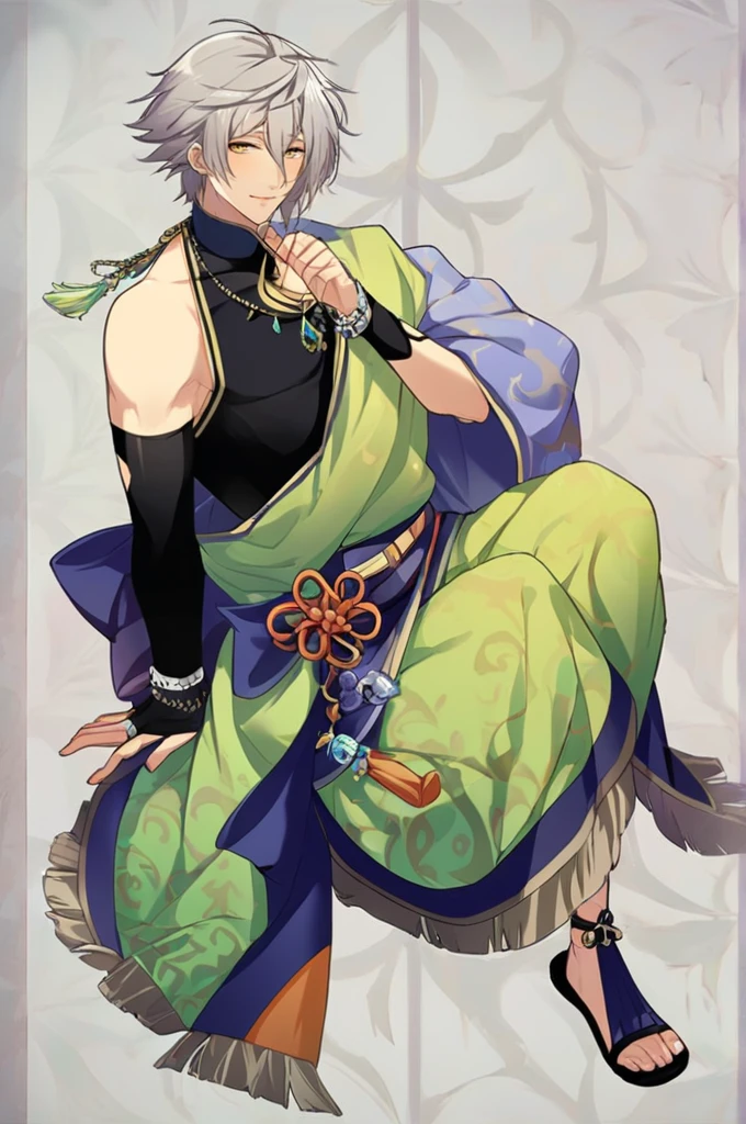 score_9,score_8_up,score_7_up,score_6_up,score_5_up,score_4_up,1boy,Seishi,grey hair,yellow eyes,single bare shoulder,cleavage cutout,black bodysuit,bead necklace,single elbow glove,single bracelet,green kesa,belt,purple bow,black legwear,toeless footwear,monk,sitting,<lora:Seishi_pony:1>,