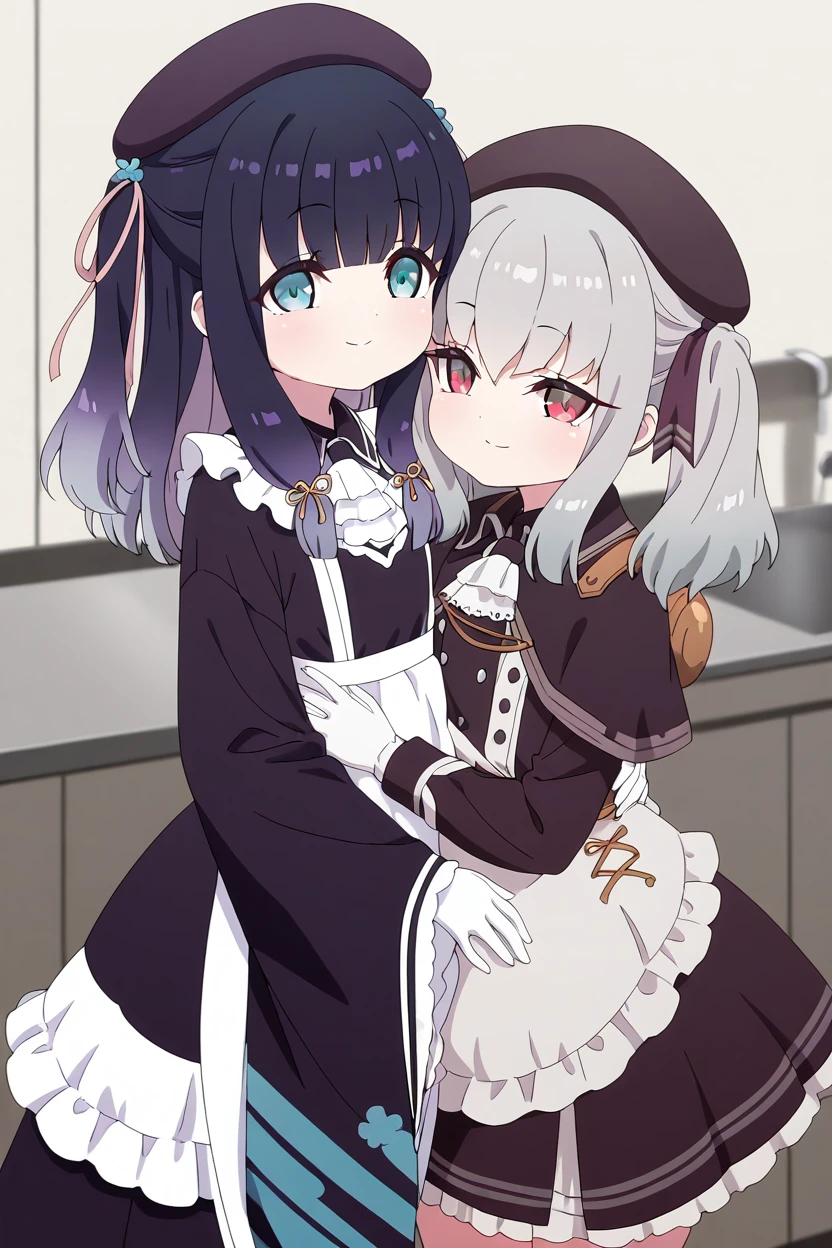 mmasterpiece, best quality, curvy, beautiful eyes, 2girls, zzHaikagura, blue eyes, gradient hair, hair ornament, hair ribbon, long hair, multicolored hair, purple hair, two side up, two-tone hair, blunt bangs, sidelocks, black hair, ribbon, japanese clothes, pink ribbon, blurry, kimono, frills, apron, skirt, zzRetzel, red eyes, grey hair, hair ribbon, long hair, medium hair, two side up, hair between eyes, twintails, beret, ribbon, black headwear, ascot, white gloves, shirt, hug, cowboy shot, smile, looking at viewer, shiny skin, <lora:PrimaDoll_Style_IXL:1.0>,